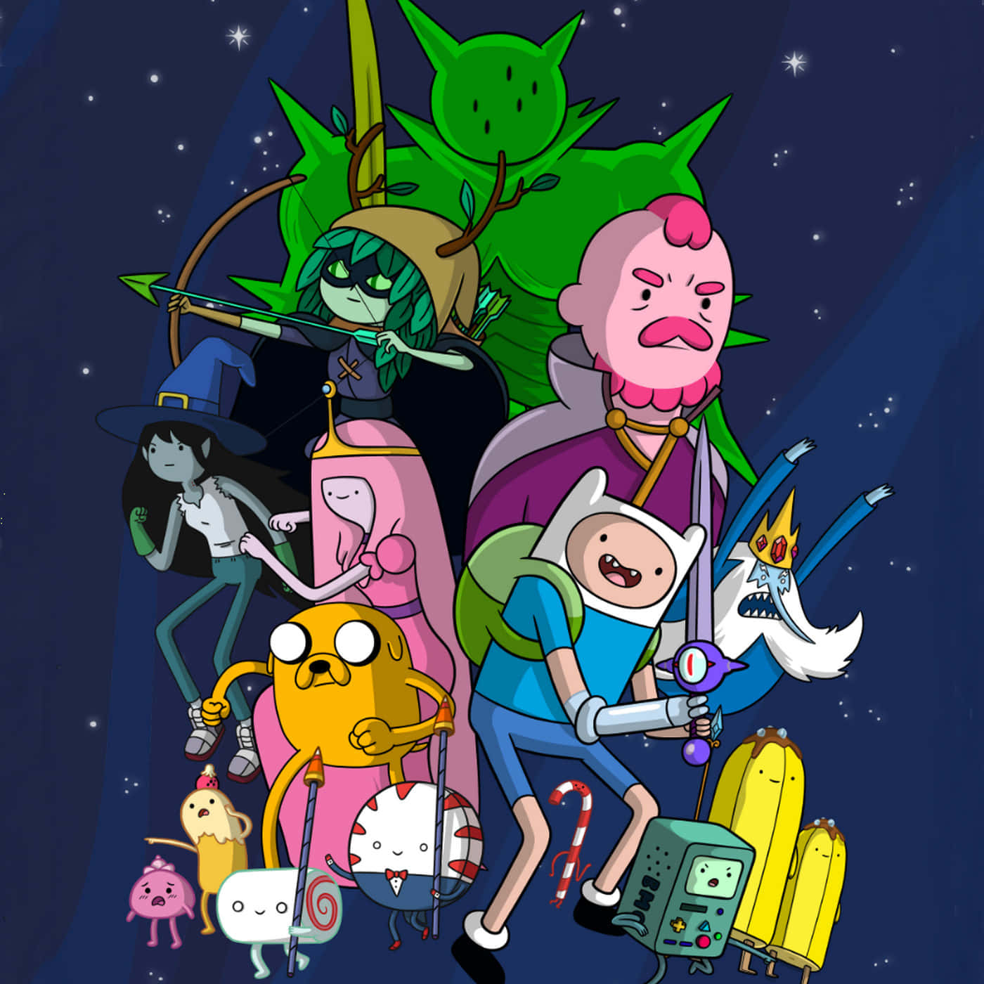 Adventure Time Cute 桌布 壁紙 — 探險活寶的冒險角色們在星空下一同站立，手持武器和裝備。