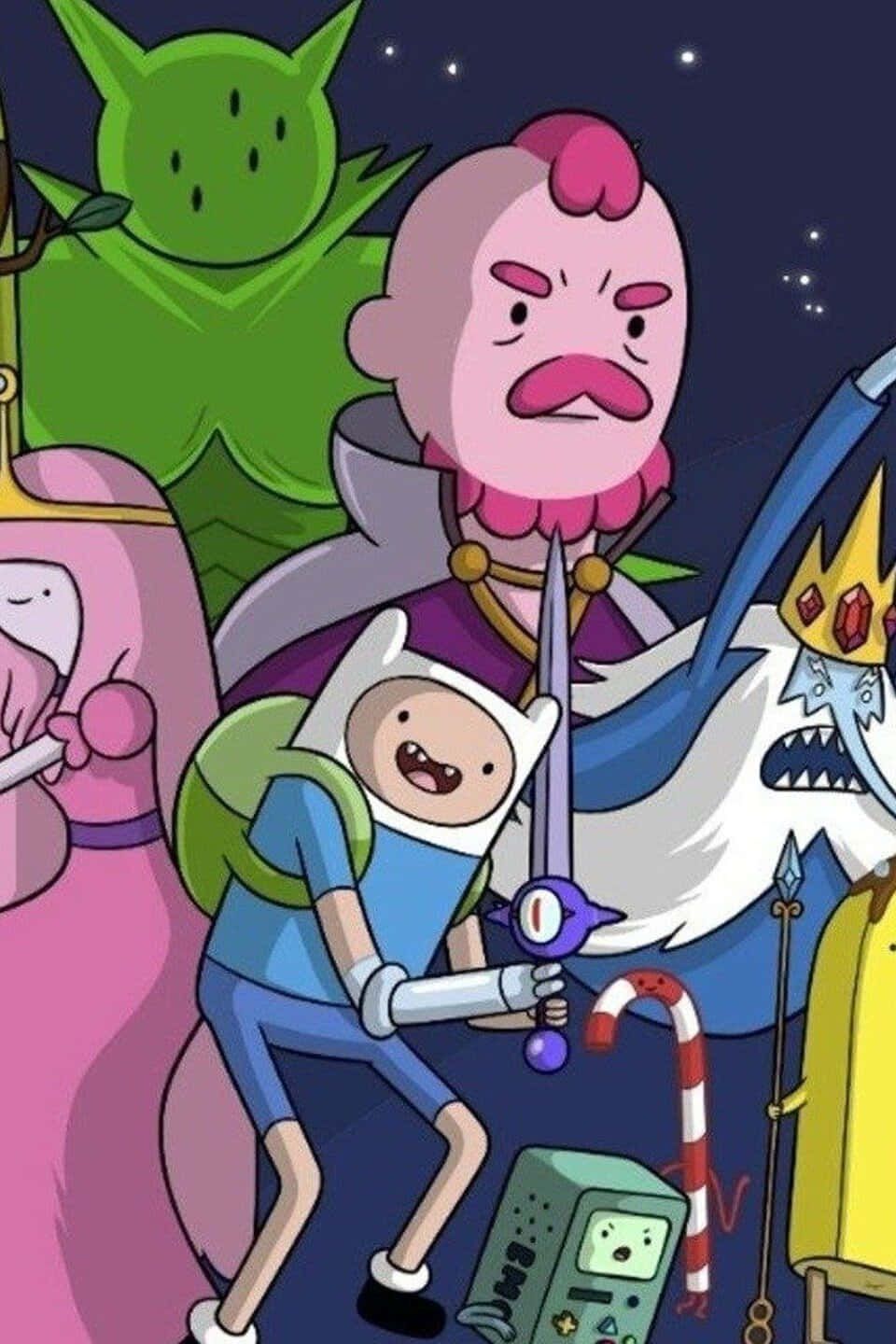 Adventure Time Cute 桌布 壁紙 — 探險活寶的冒險角色們在星空下一同站立，手持武器和一根拐杖糖。