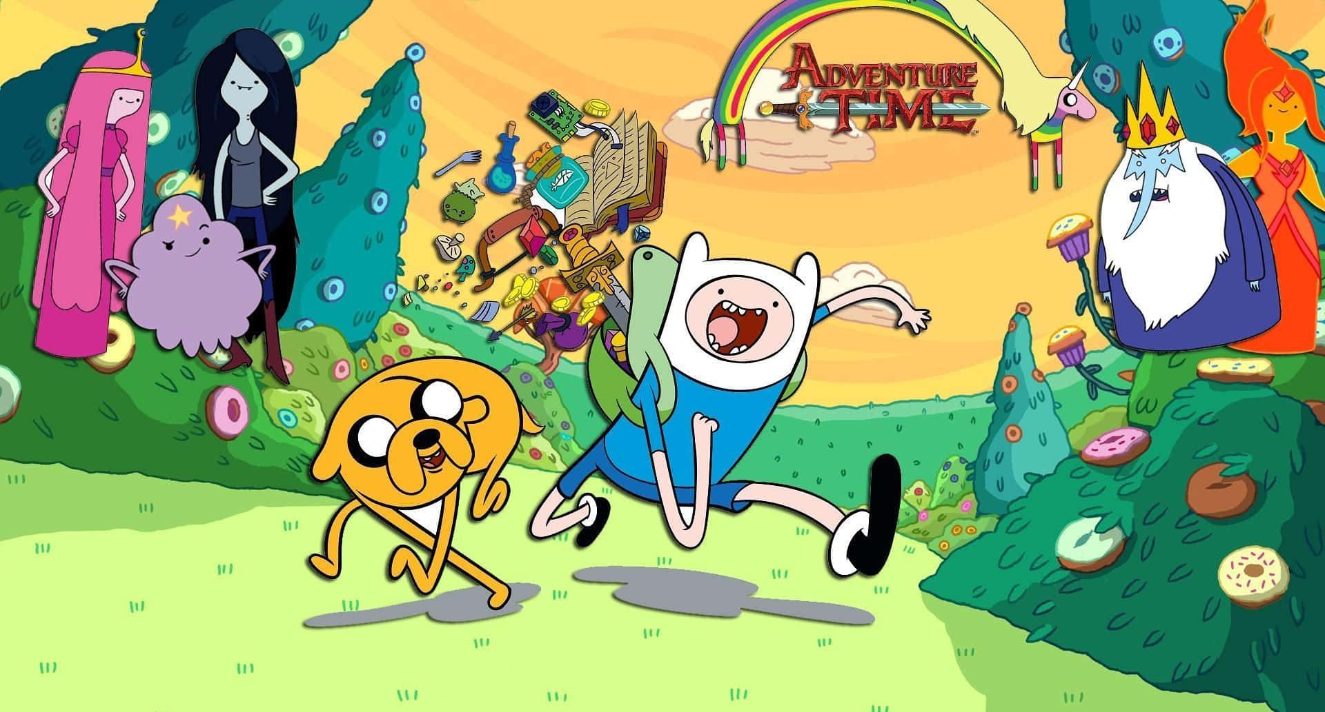 Animated Tv Series 桌布 壁紙 — 探險活寶角色在彩虹下開心地跑過一個充滿糖果樹和漂浮甜甜圈的奇幻森林。