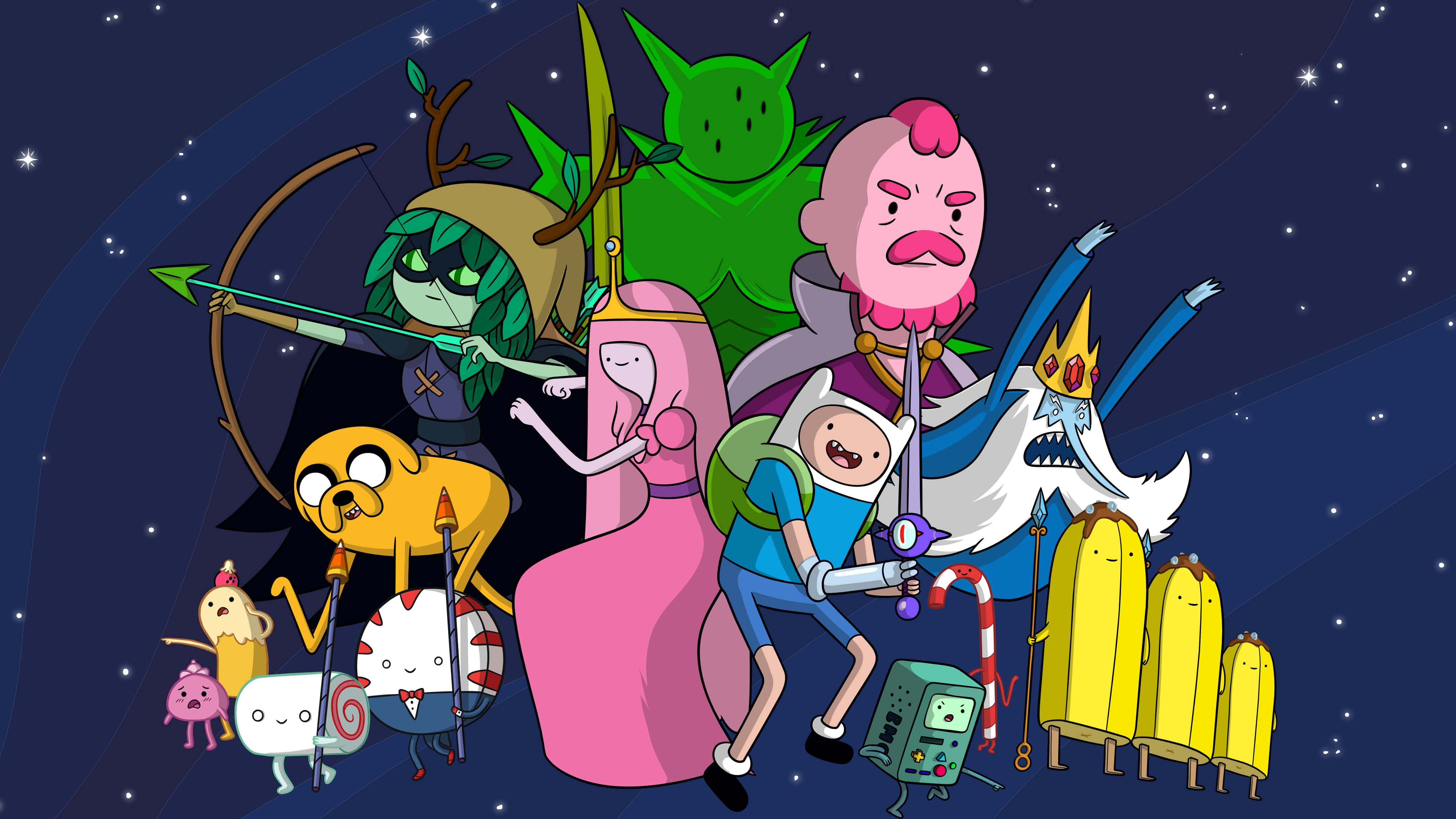 Adventure Time Cute 桌布 壁紙 — 探險活寶角色在星空下英勇擺姿勢，背景有宇宙漩渦和發光星星。