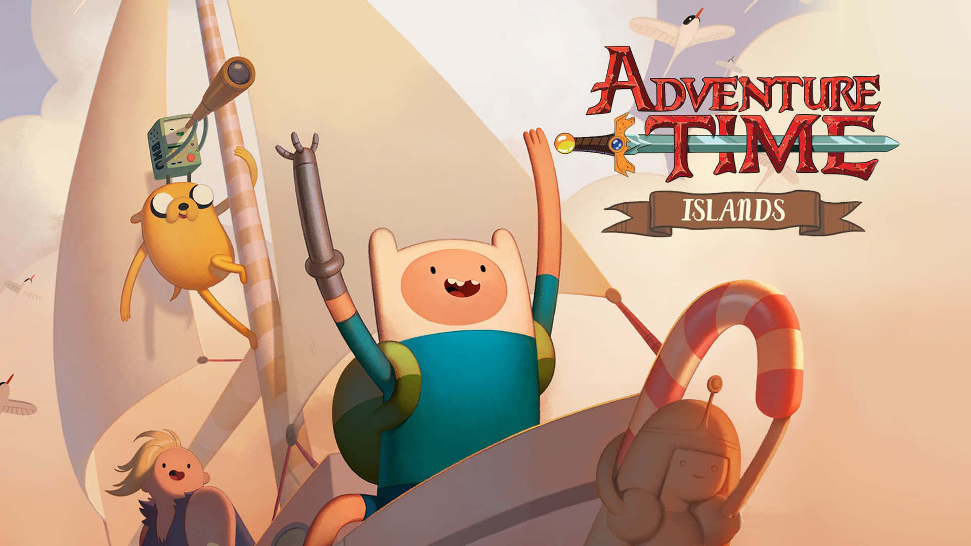 Adventure Time Cute 桌布 壁紙 — 探險活寶角色在糖果主題的船上愉快航行，天空柔和，節目標題顯眼展示。