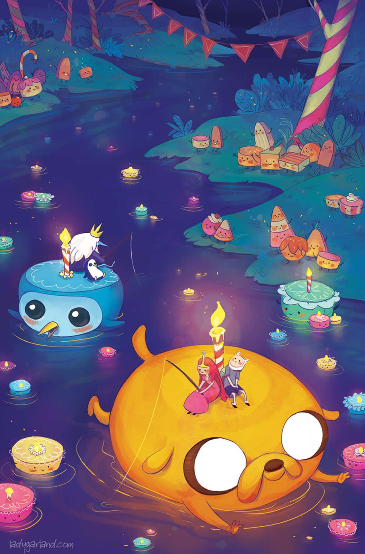 Adventure Time Cute 桌布 壁紙 — 探險活寶角色在魔法暮色沼澤的漂浮蛋糕島上慶祝一個奇特的生日派對。