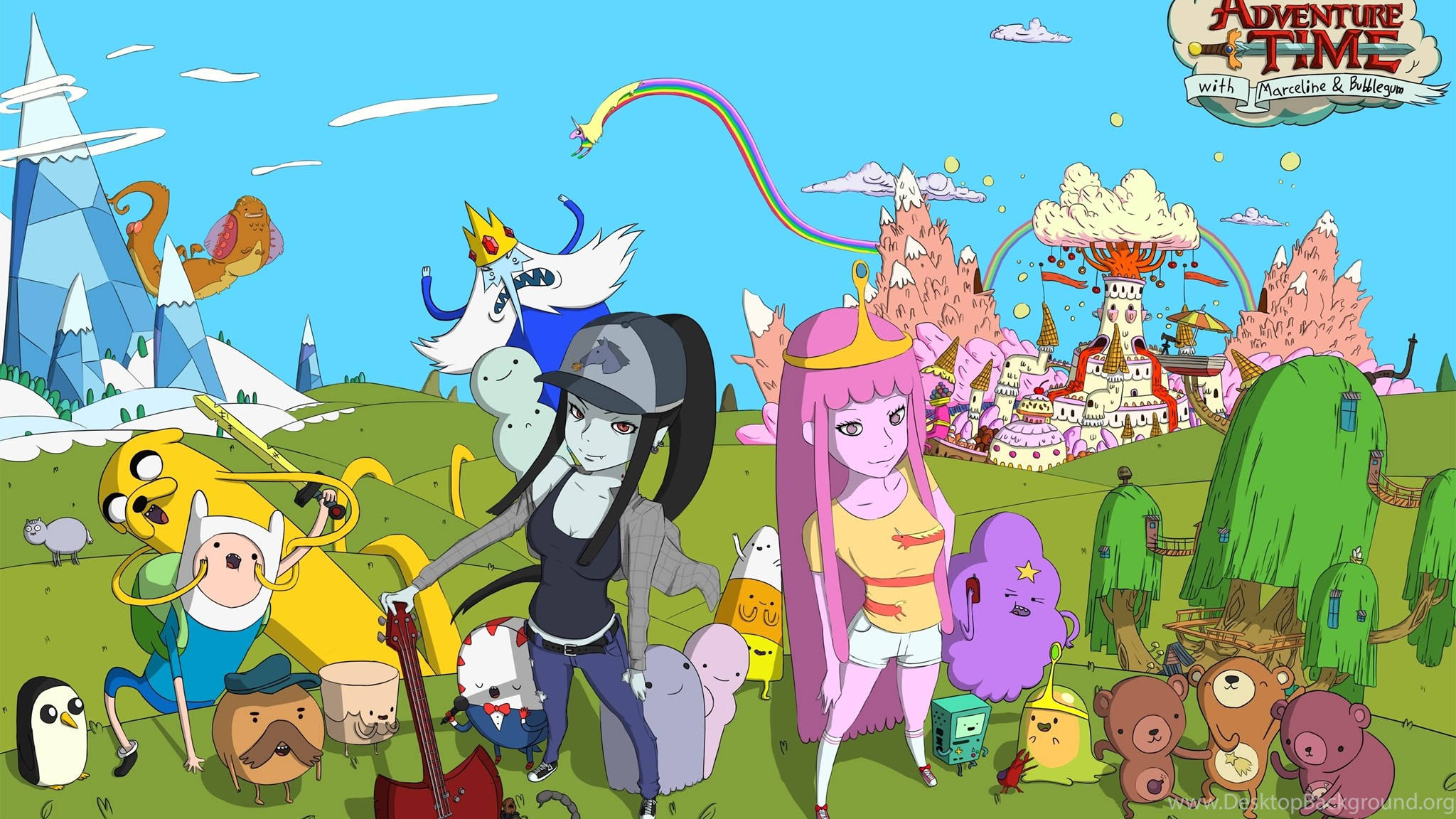 Cartoon Network Characters 桌布 壁紙 — 探險活寶角色聚集在一個充滿活力的奇幻景觀中，有浮島和奇異生物，在明亮的藍天下。