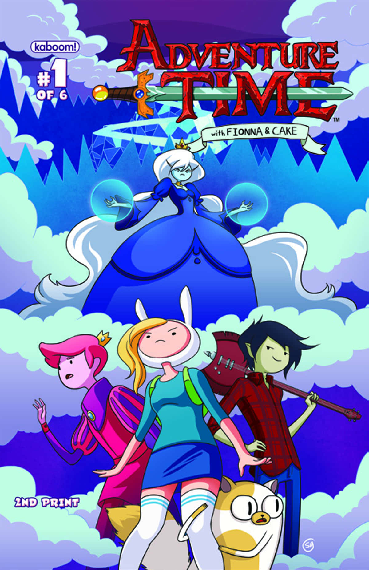 Adventure Time Cute 桌布 壁紙 — 探險活寶角色芬恩、傑克和朋友們站在一個漂浮的冰女王面前，背景是充滿活力的卡通天空。