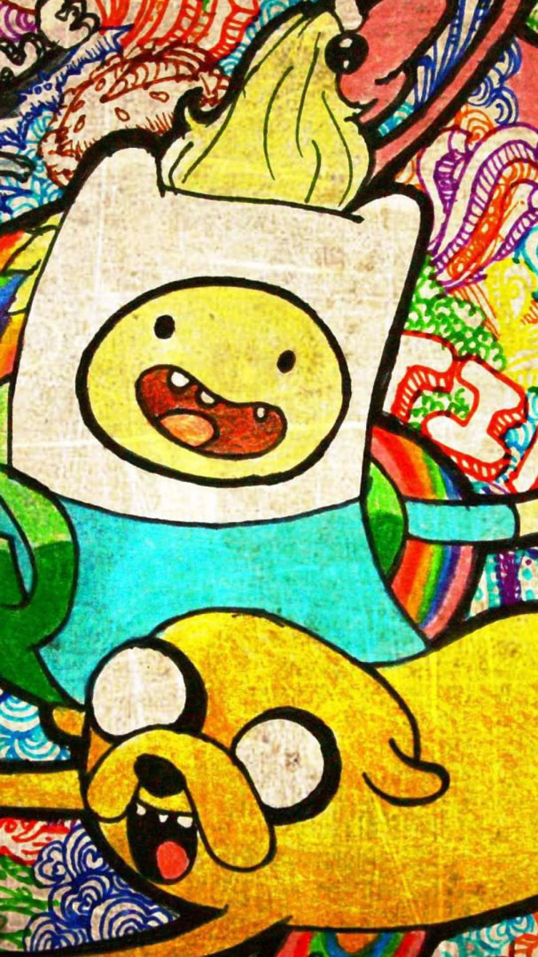 桌布 壁紙 — 探險活寶角色芬恩和傑克在充滿活力的混亂塗鴉背景前開心咧嘴笑。