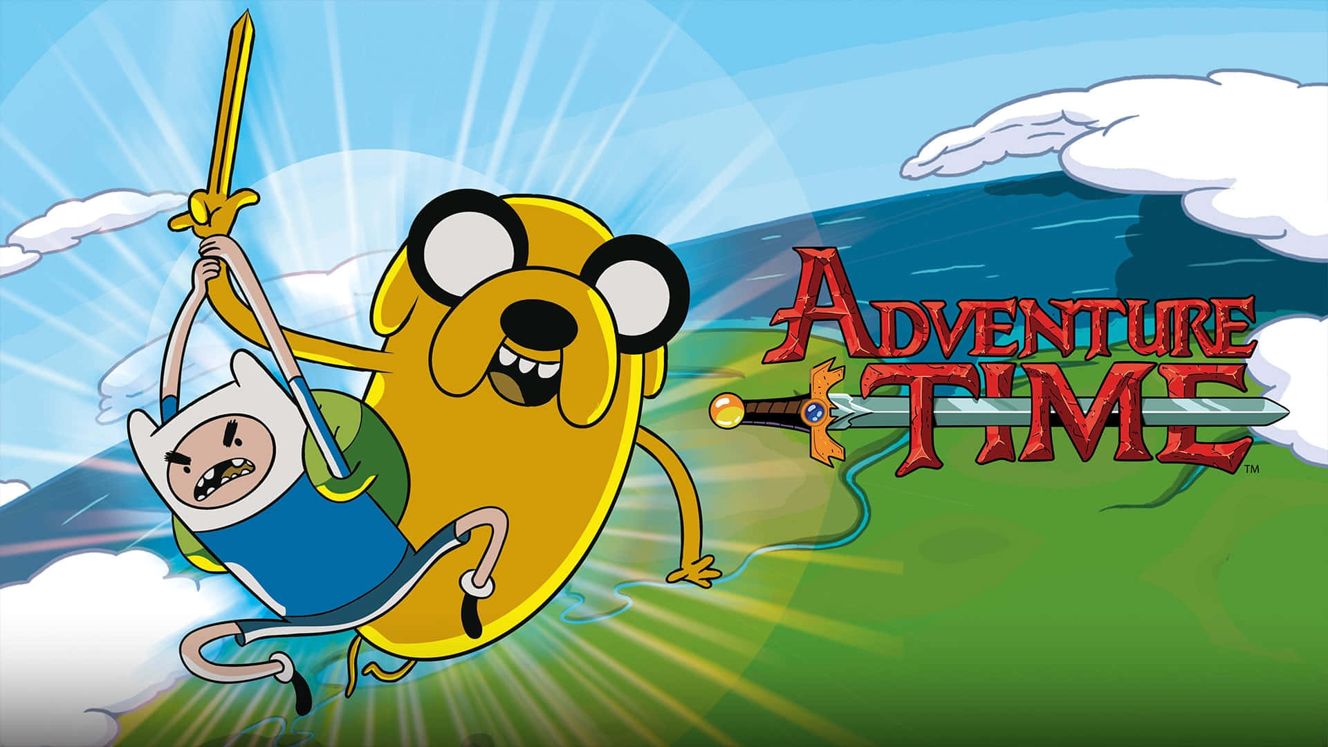 Adventure Time Cute 桌布 壁紙 — 探險活寶角色芬恩和傑克在明亮的天空中翱翔，手持一把劍，節目標誌在他們旁邊發光。