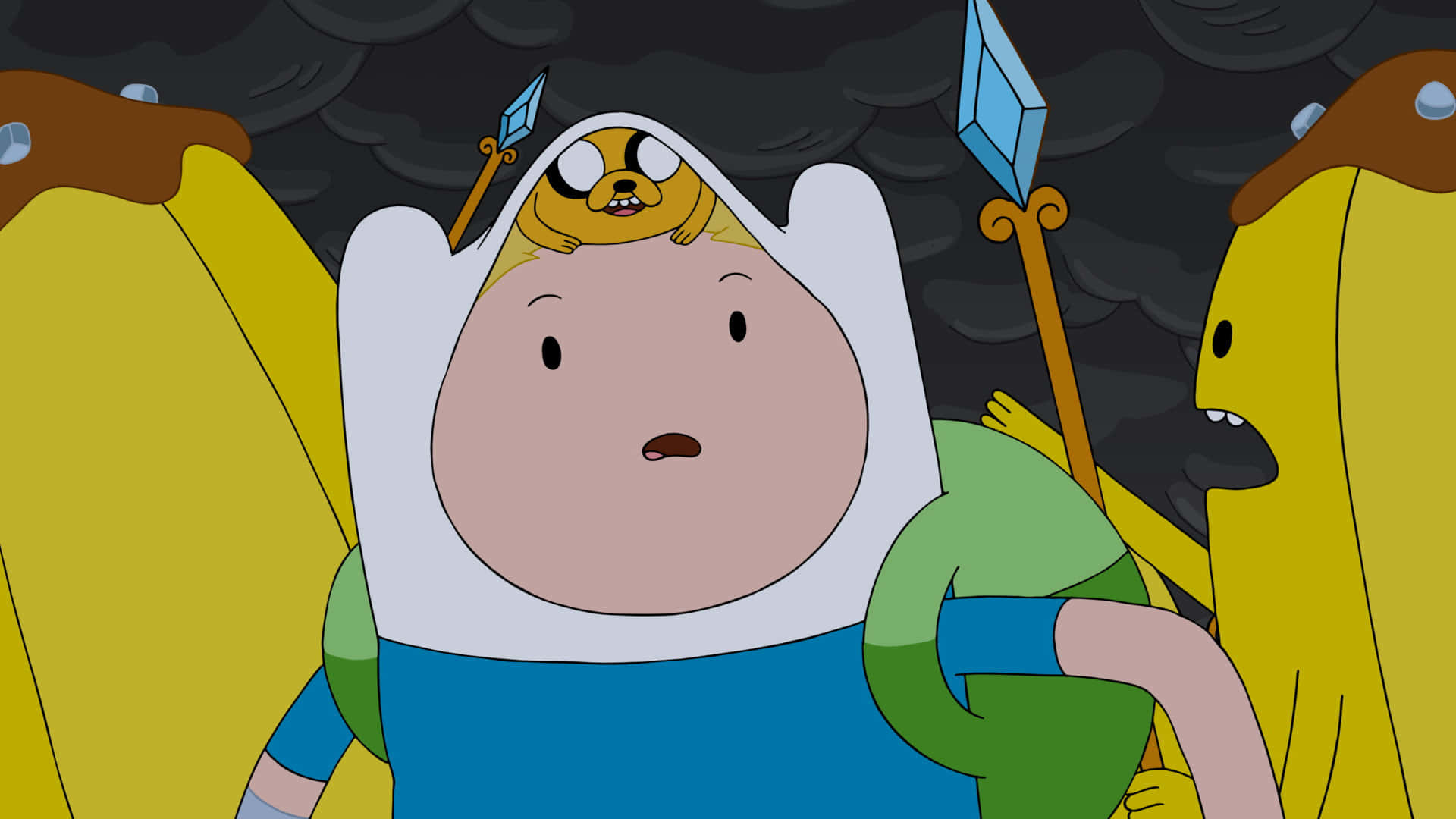Adventure Time Cute 桌布 壁紙 — 探險活寶角色芬恩和傑克站在黑暗風暴場景中，手持發光藍劍，表情擔憂。