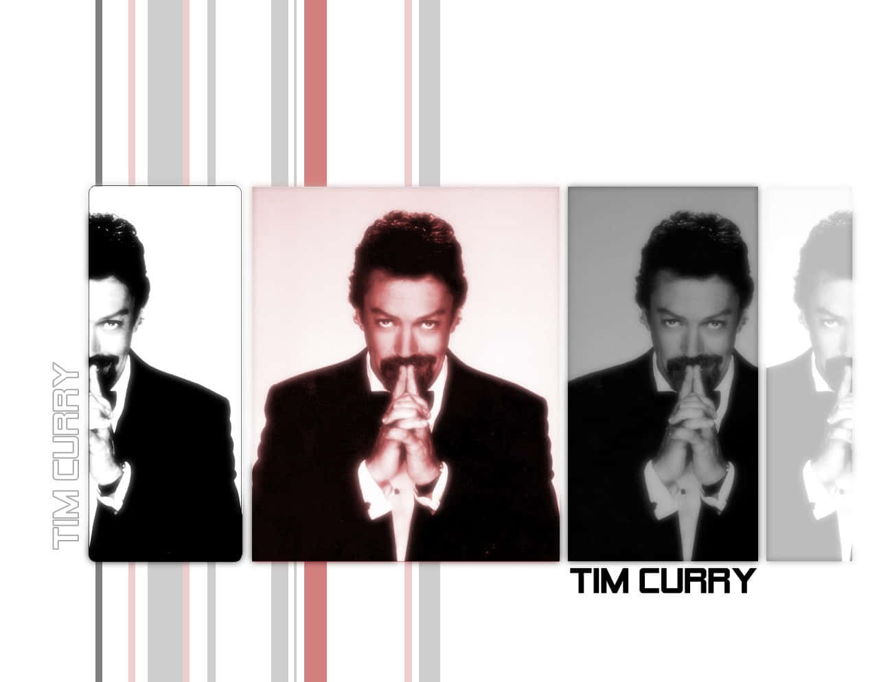 Tim Curry 桌布 壁紙 — 提姆·柯瑞穿著西裝，雙手合攏放在嘴上，呈現於黑白肖像三聯畫中，帶有粉紅和灰色條紋。