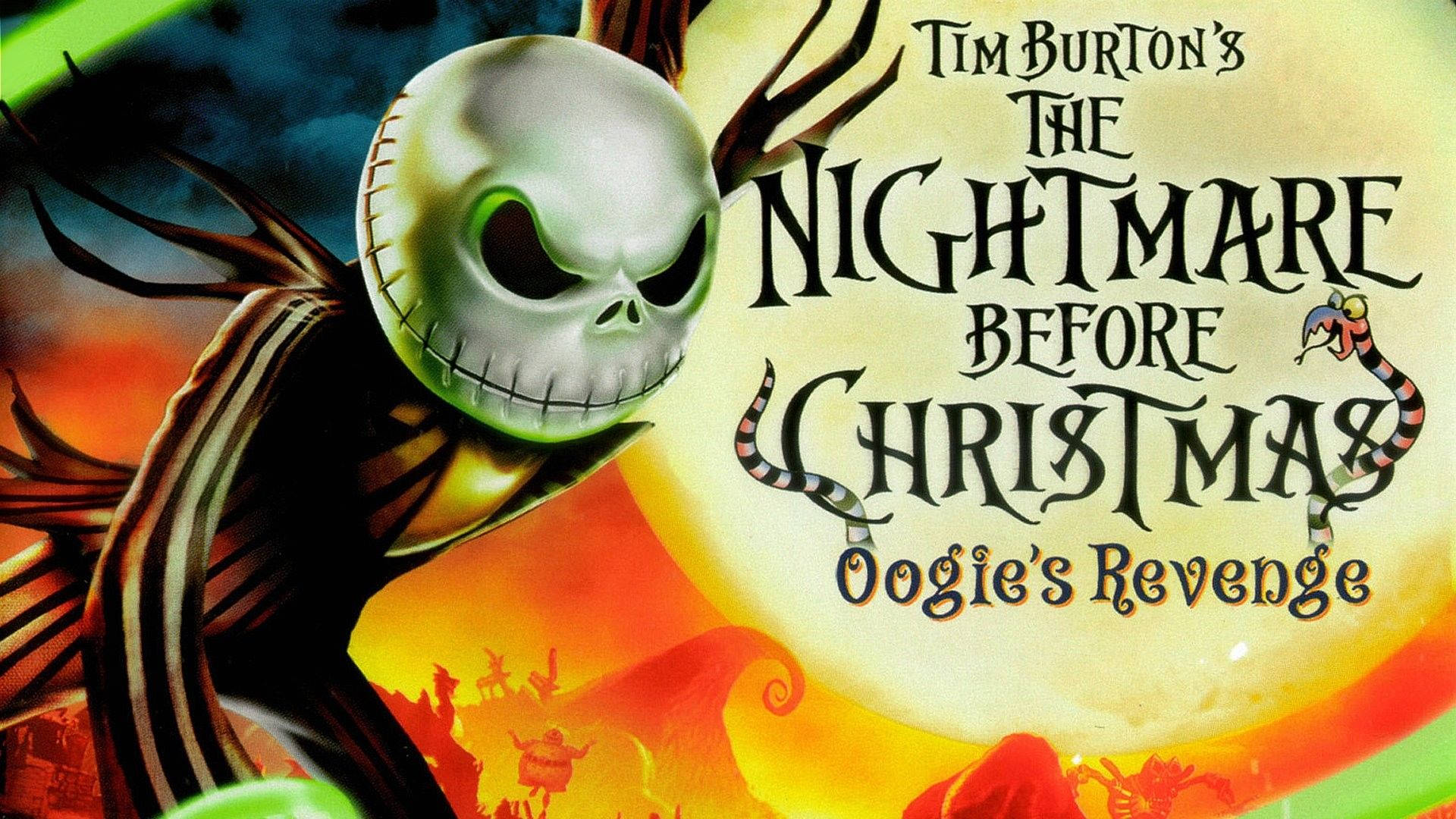 nightmare 桌布 壁紙 — 提姆·波頓《聖誕夜驚魂》中的傑克·史基靈頓站在火熱的橙色和綠色背景前，配以風格化的文字。