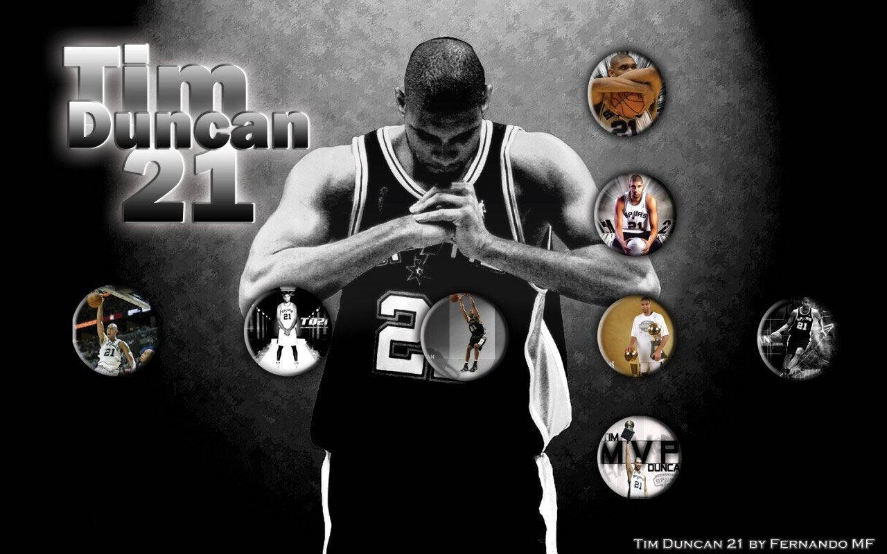 Tim Duncan 桌布 壁紙 — 提姆·鄧肯身穿黑白籃球球衣，雙手合十，被圓形動作鏡頭包圍，背景為深色紋理。