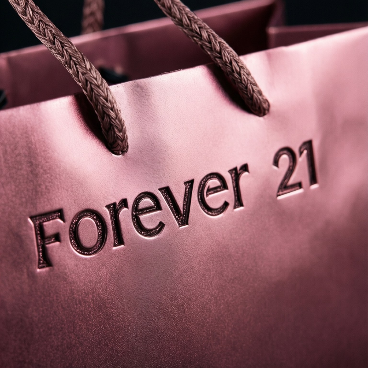 提把上的標誌 壁紙 — 玫瑰金色Forever 21購物袋的特寫，帶有編織手柄和壓印標誌，在柔和燈光下。