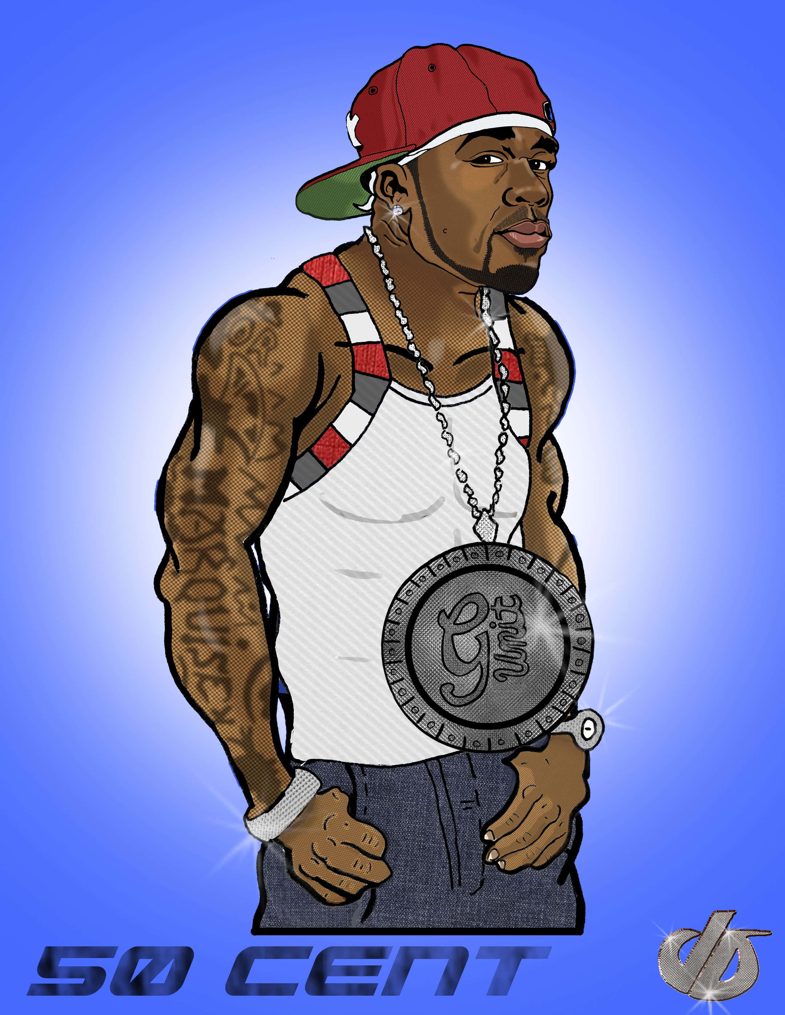 50 Cent 桌布 壁紙 — 插圖：饒舌歌手50 Cent身穿紅色鴨舌帽和背心，背景為漸變藍色。