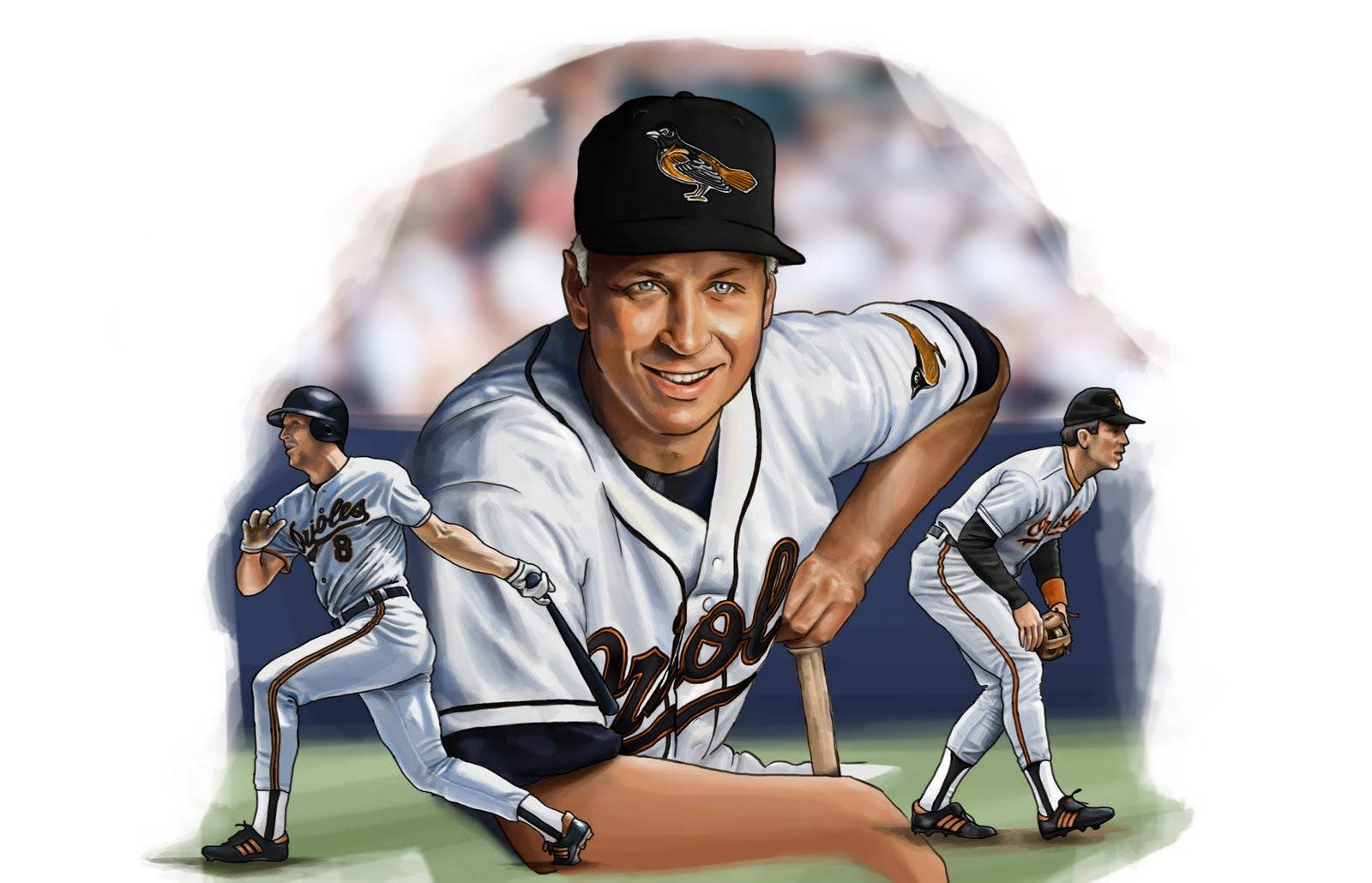 cal ripken jr 桌布 壁紙 — 插圖中一名微笑的棒球運動員身穿金鶯隊制服，手持球棒，身後有兩名隊友擺出動作姿勢。