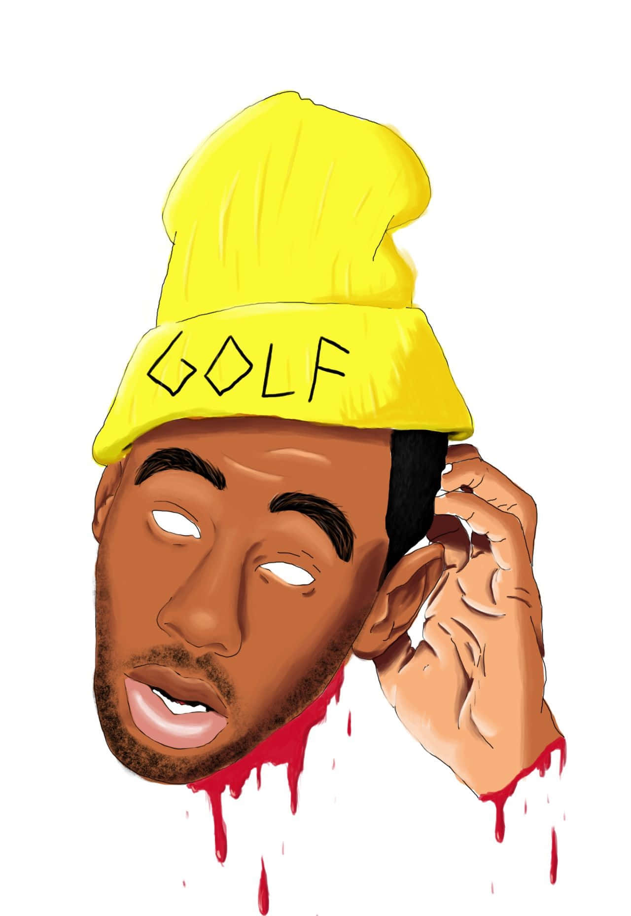 Creator 桌布 壁紙 — 插圖中一名戴著黃色毛帽、上面寫有「GOLF」的男子，頸部滴血，同時觸摸耳朵。