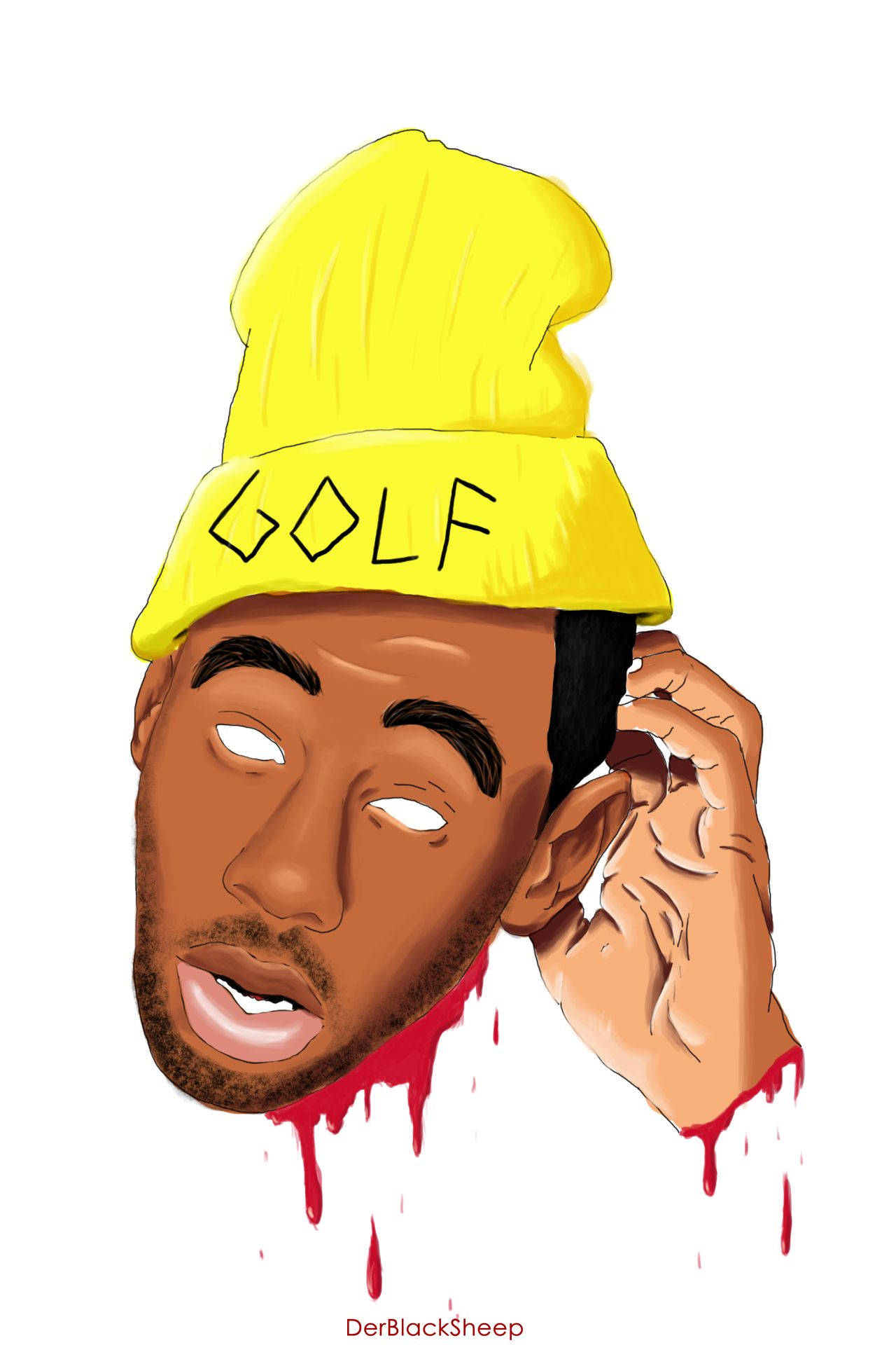 tyler 桌布 壁紙 — 插圖中一名男子戴著黃色毛帽，上面寫著「GOLF」，血從他的下巴滴下，他正觸摸耳朵。