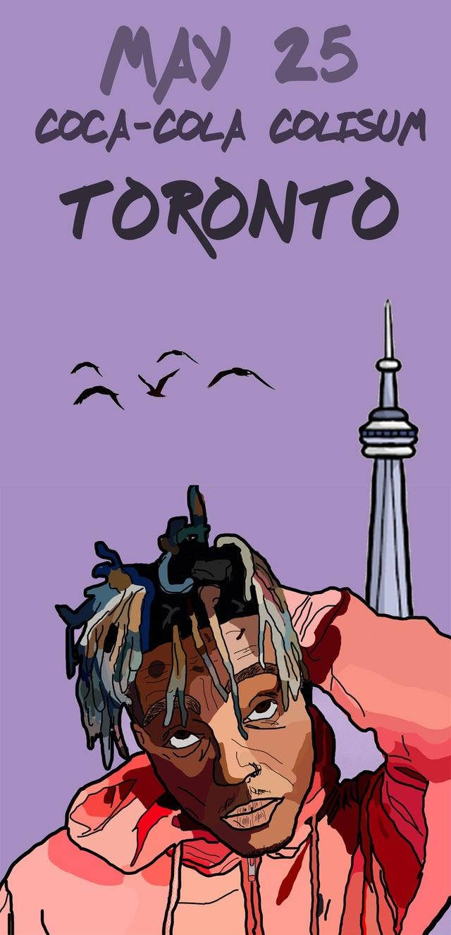 男子留辮子穿粉紅色連帽衫，多倫多CN塔和紫色天空中的鳥。 — Juice Wrld 壁紙