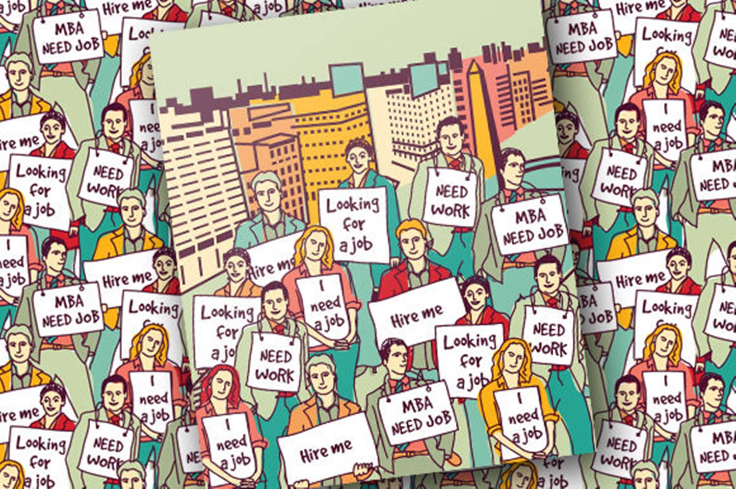 Work 桌布 壁紙 — 插圖中一群求職者手持寫有「Need Work」或「Hire Me」的標語牌，背景為城市天際線。