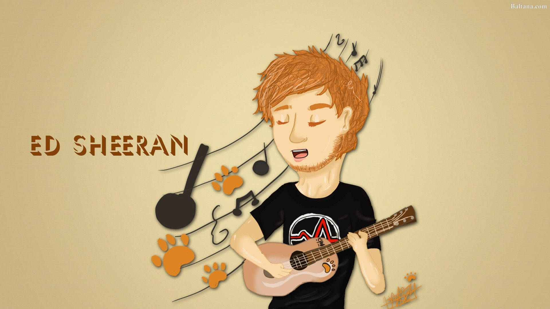 紅景天 桌布 壁紙 — 插圖中的 Ed Sheeran 彈奏木吉他，音符和腳印在他周圍旋轉，背景為米色。