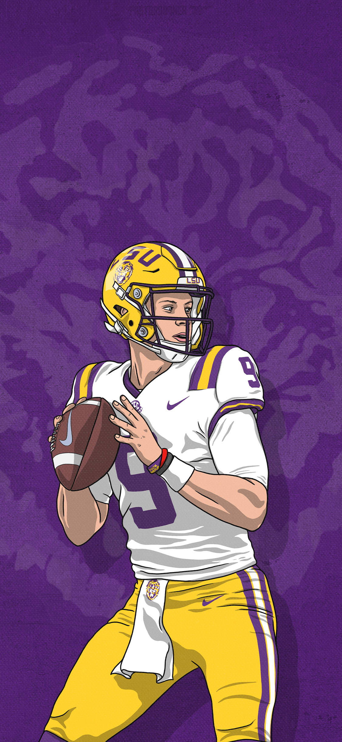 Joe Burrow 桌布 壁紙 — 插圖中的LSU美式足球四分衛穿著制服，準備在紋理紫色背景前投球。