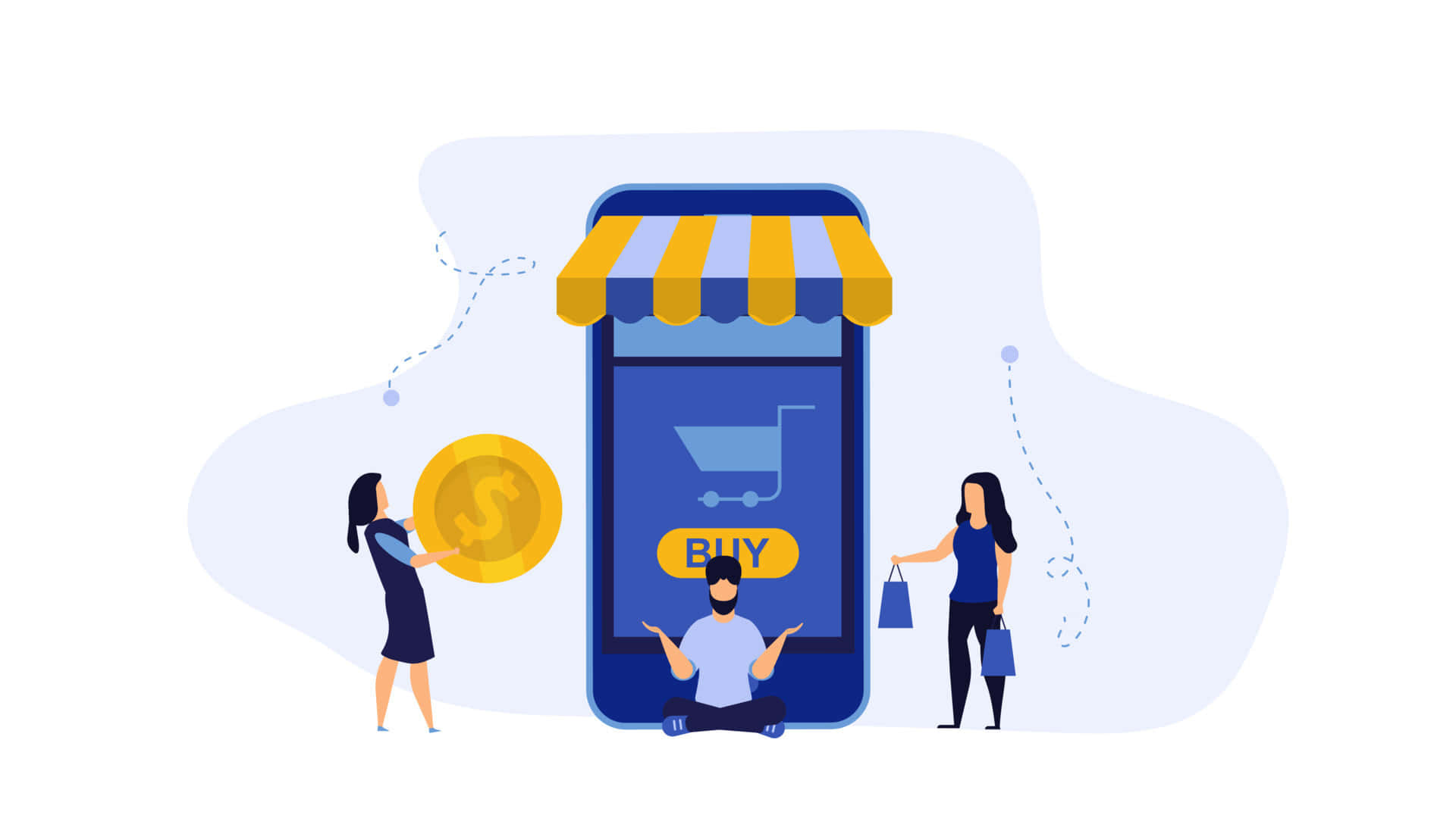Shopping 桌布 壁紙 — 插圖中的人們與一個形狀像商店門面的智慧型手機互動，上面有購物車和購買按鈕。