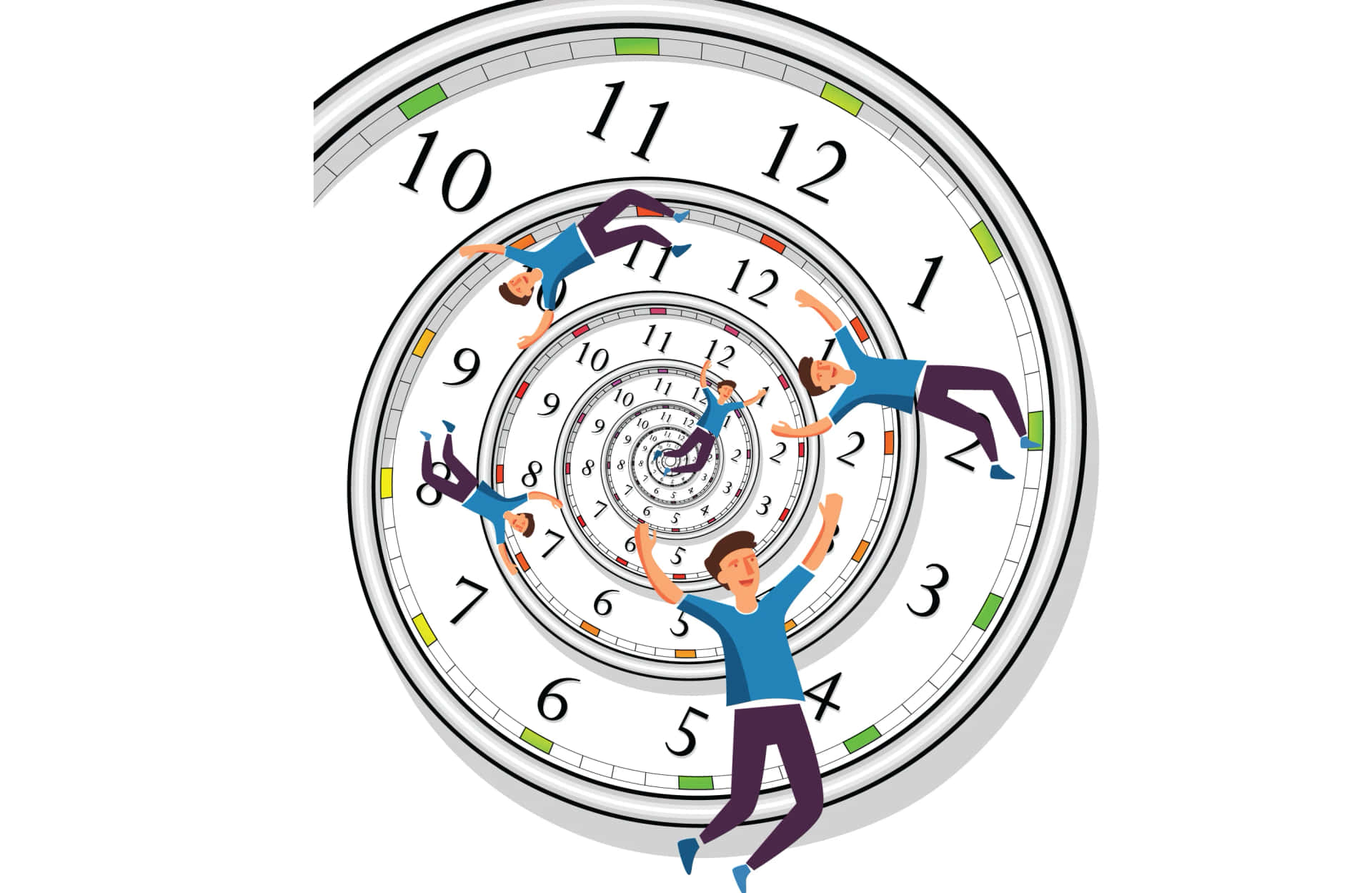 Time Travel 桌布 壁紙 — 插圖中的人們舉起手臂，呈螺旋狀向內朝向一個巨大鐘面的中心移動。