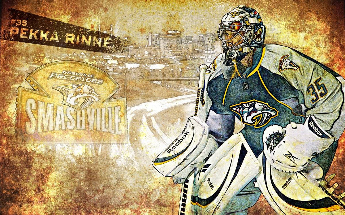 Predators 桌布 壁紙 — 插圖中的冰球守門員 Peikka Rinne 身穿納什維爾掠奪者隊裝備，在帶有球隊標誌和城市景觀的粗糙紋理背景前準備就緒。