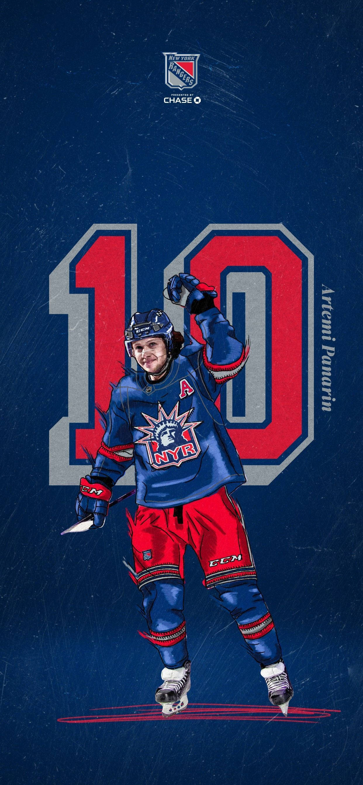 運動 桌布 壁紙 — 插圖中的冰球運動員 Artemi Panarin 身穿紐約遊騎兵隊裝備，在帶有紋理的藍色背景上，舉起球棒慶祝，背景上有巨大的數字 10。
