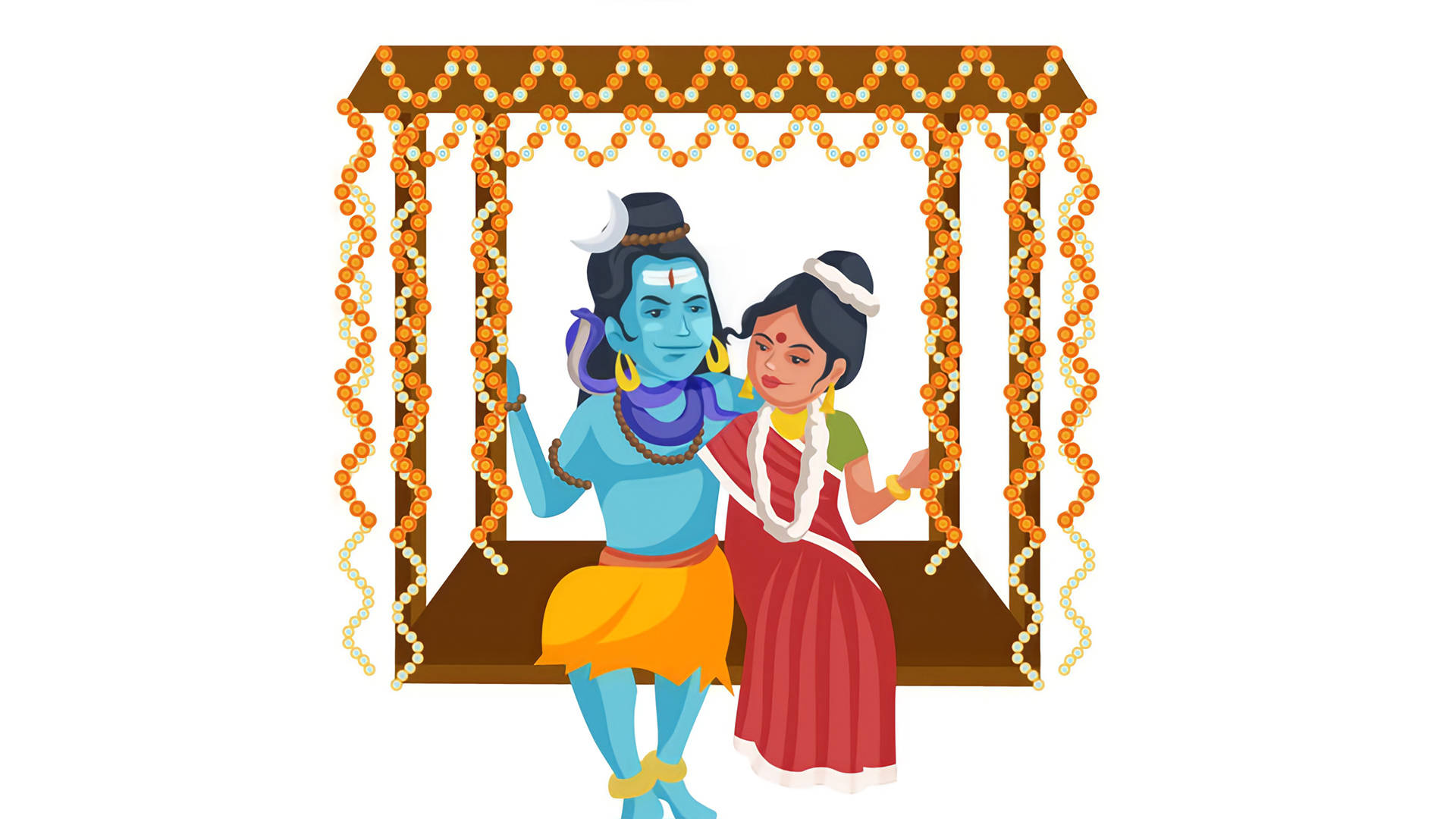 shiv parvati HD 桌布 壁紙 — 插圖中的印度教神祇濕婆和帕爾瓦蒂一起坐在一個裝飾著橙色和白色花環的鞦韆上。