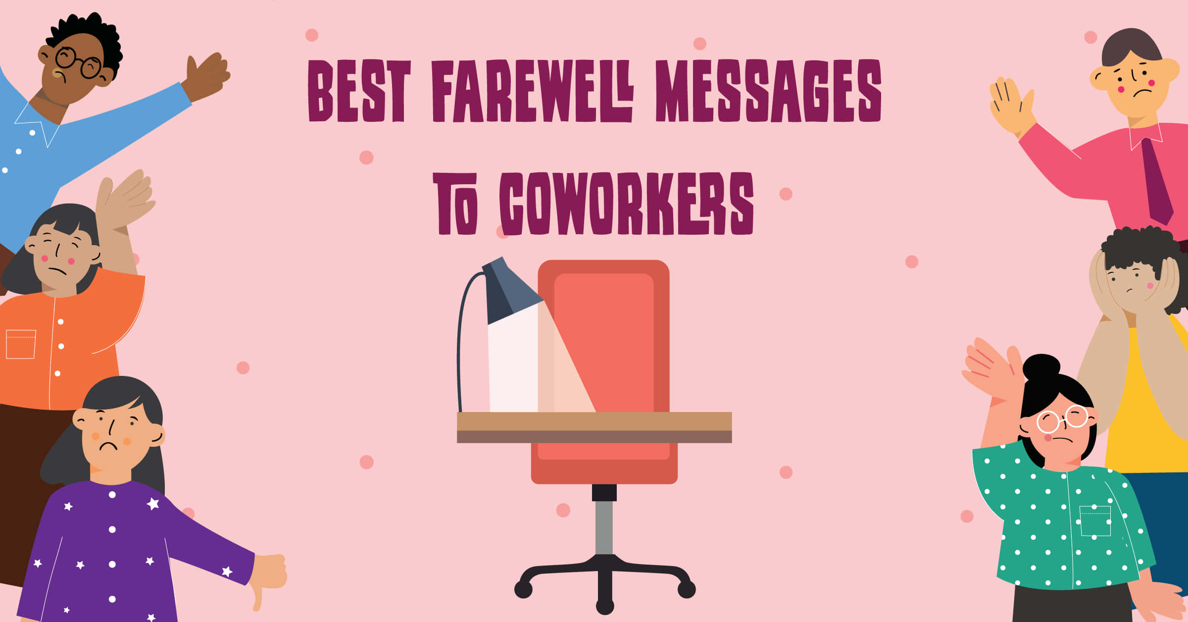Farewell 桌布 壁紙 — 插圖中的同事們在空辦公椅和辦公桌旁揮手告別，附有告別文字。