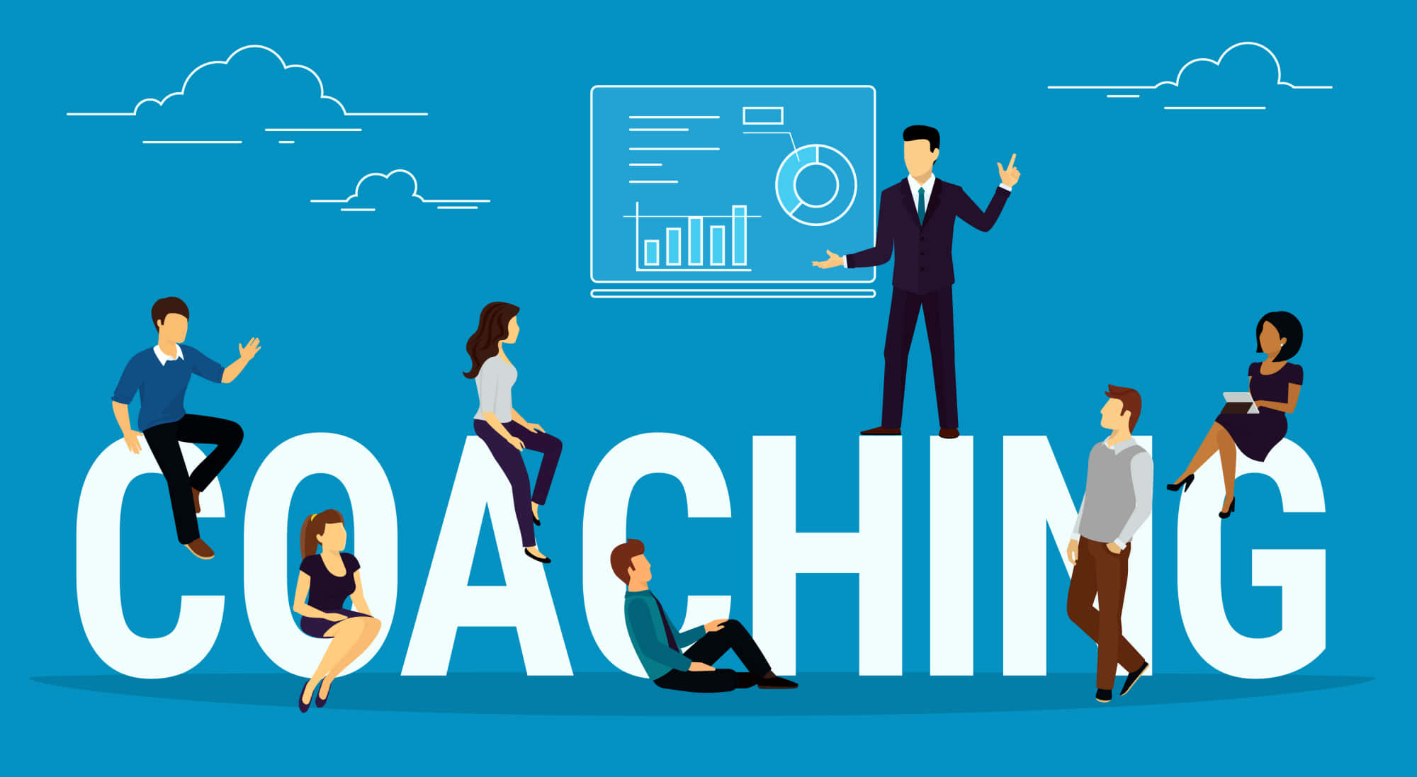Coach 桌布 壁紙 — 插圖中的商業人士在藍天白雲背景下，圍繞著一個大型白色 'COACHING' 文字互動。