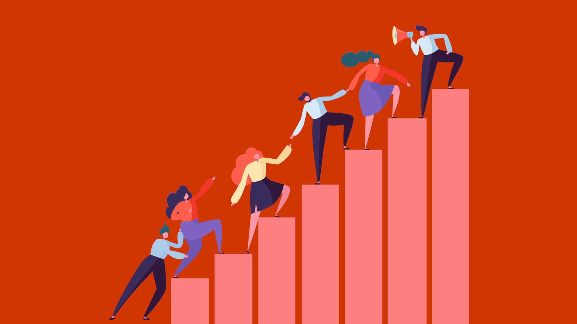Steps 桌布 壁紙 — 插圖中的團隊成員在鮮豔的橙色背景上攀爬上升的粉紅色條柱，象徵協作業務增長。
