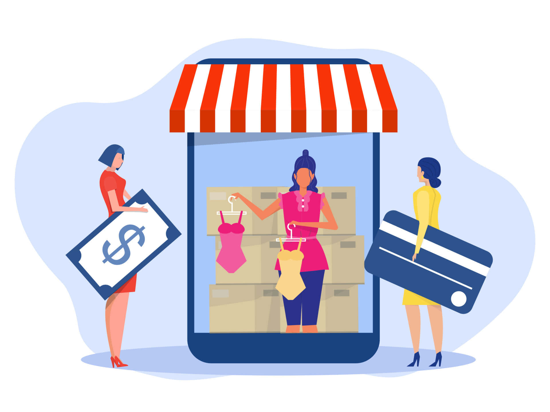 Shopping 桌布 壁紙 — 插圖中的女性透過智慧型手機在線購物，手機顯示帶有美元符號和信用卡圖標的衣服。