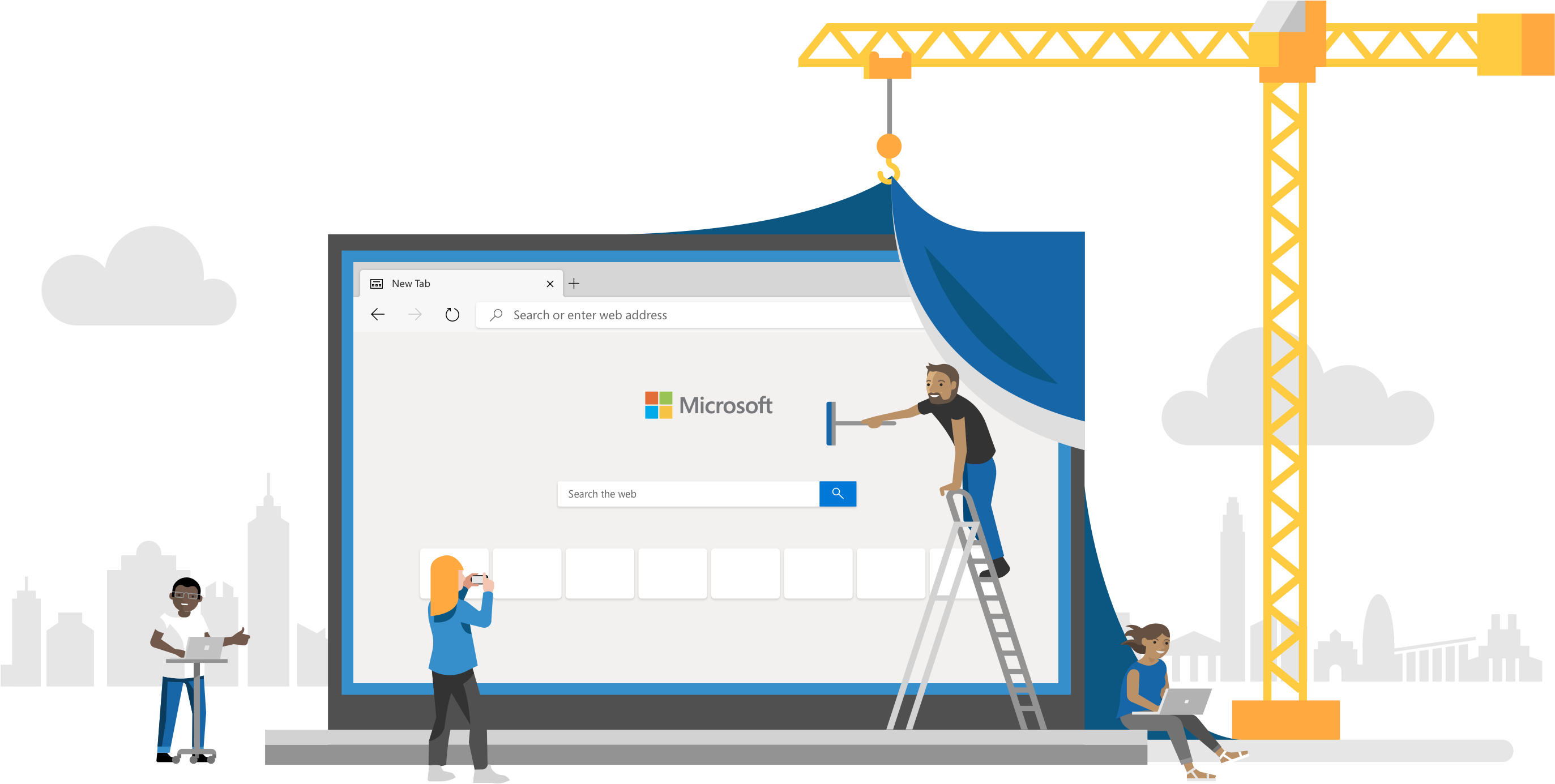 microsoft 桌布 壁紙 — 插圖中的工人用起重機在城市天際線前揭開一個巨大的 Microsoft Edge 瀏覽器視窗。