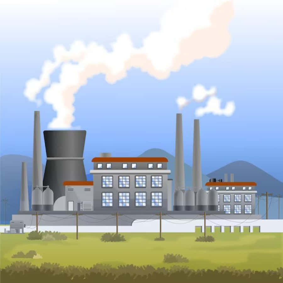 剪貼畫 桌布 壁紙 — 插圖中的工業發電廠，煙囪在藍天和綠野背景下排放白色蒸汽。