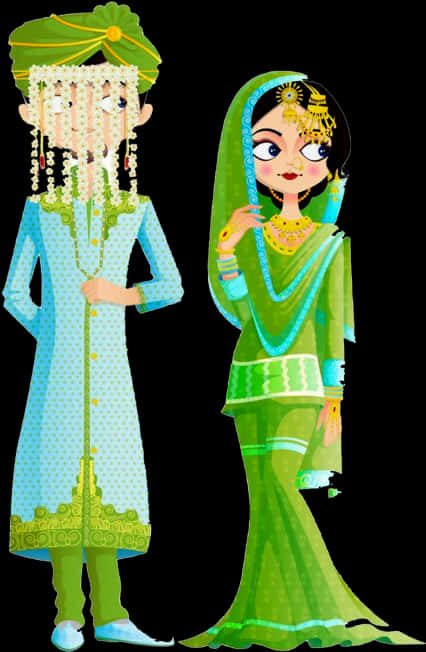 Wedding Cliparts 桌布 壁紙 — 插圖中的情侶穿著充滿活力的綠色傳統印度婚禮服飾，配以華麗的珠寶和頭飾。