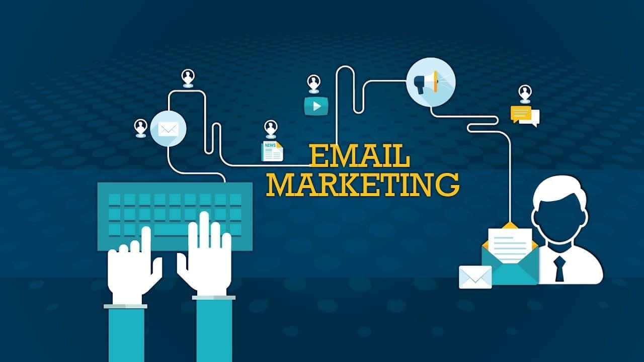 Email 桌布 壁紙 — 插圖中的手在鍵盤上打字，電子郵件行銷工作流程圖示流向接收訊息的商務人士。