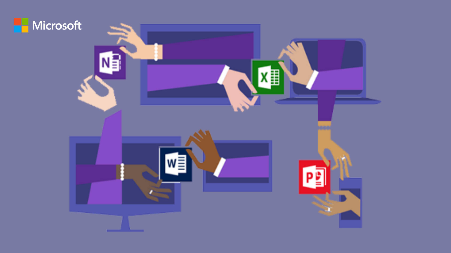 Microsoft Teams 桌布 壁紙 — 插圖中的手從電腦螢幕伸出，在紫色背景上交換 Microsoft Office 應用程式圖示。