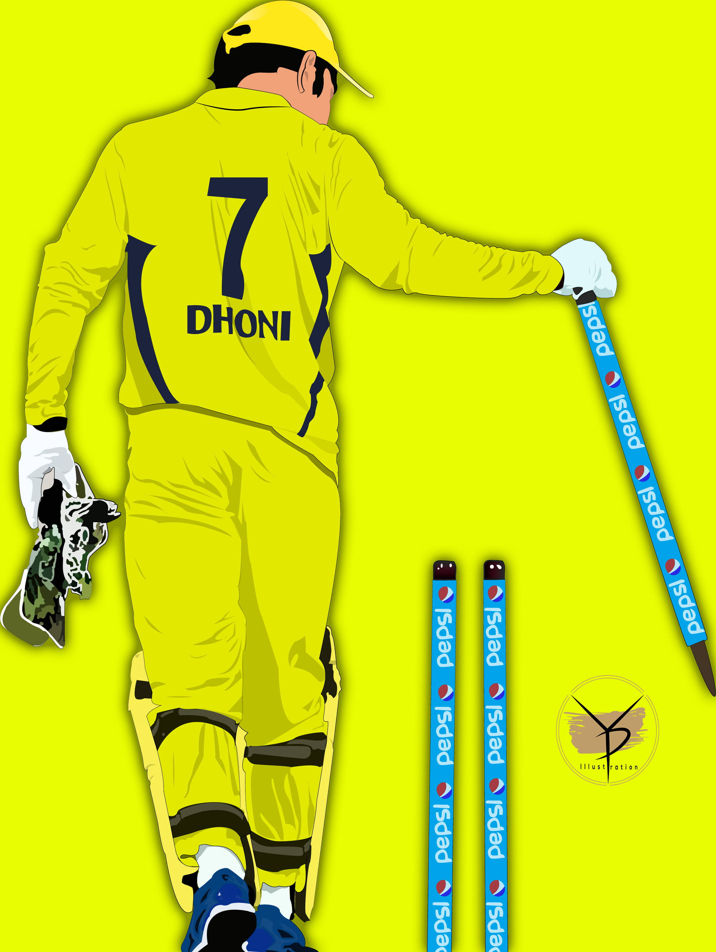 Msd 桌布 壁紙 — 插圖中的板球運動員Dhoni身穿黃色制服，手持球棒和手套，背景為明亮的黃色。