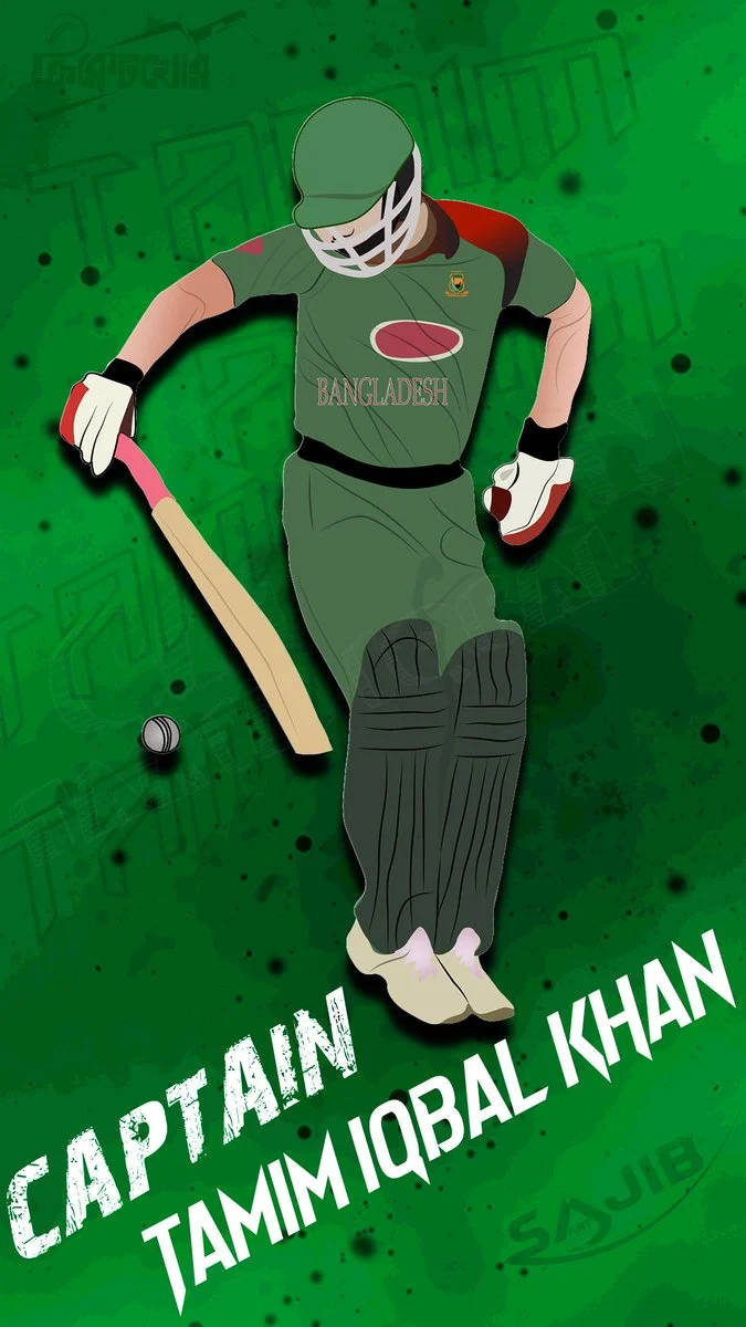 Iqbal 桌布 壁紙 — 插圖中的板球隊隊長 Tamim Iqbal Khan 身穿綠色制服，在帶有紋理的綠色背景中揮桿。