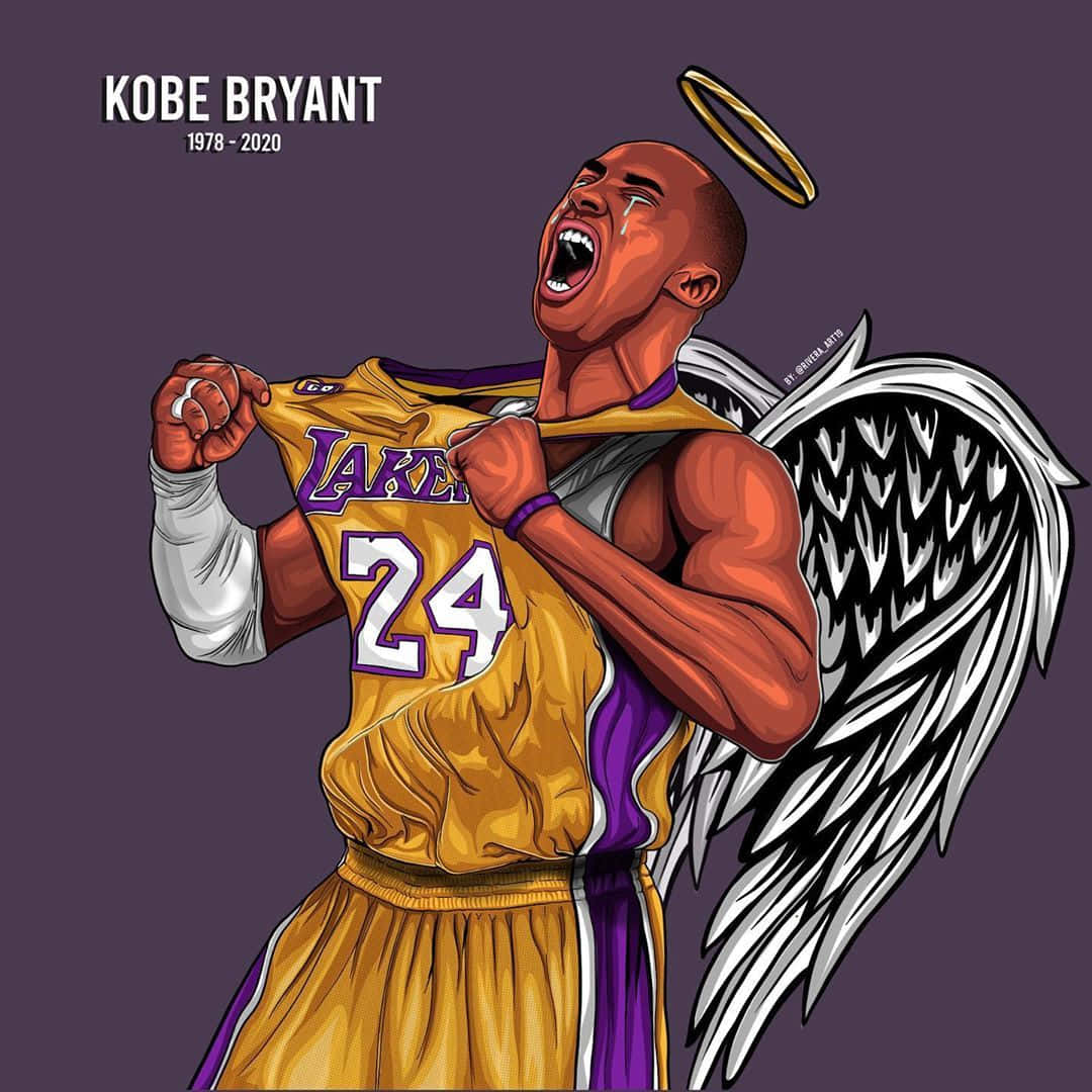 科比· Bryant 桌布 壁紙 — 插圖中的柯比布萊恩穿著湖人球衣，將其撕開，帶有天使翅膀和光環，背景為紫色。