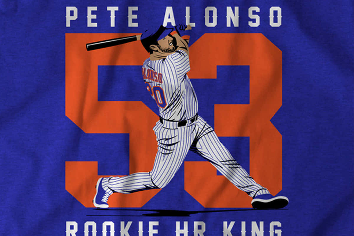 Pete Alonso 桌布 壁紙 — 插圖中的棒球運動員 Pete Alonso 穿著細條紋制服，在皇家藍色背景上揮棒擊打粗體橙色 53 號。