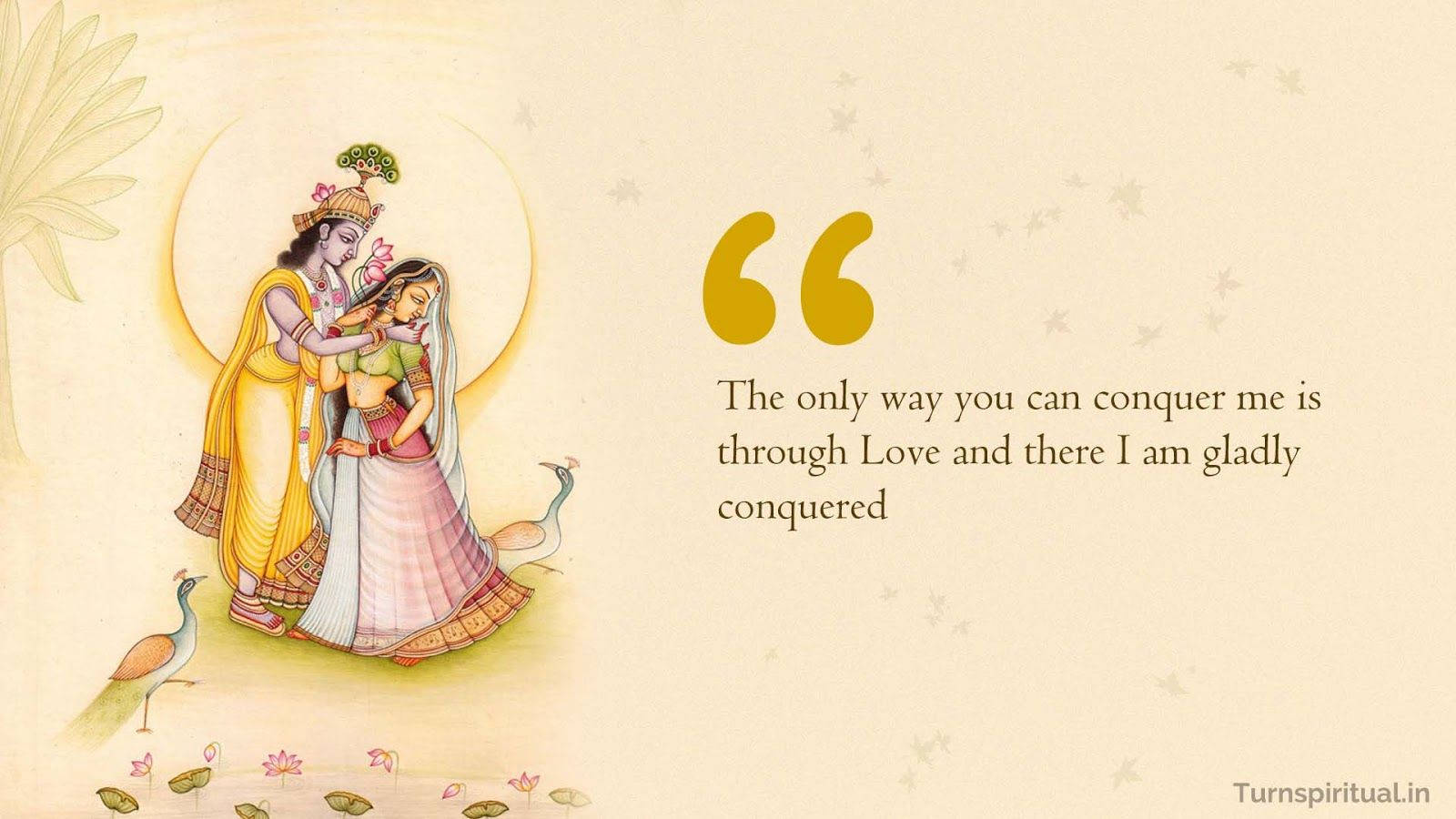 Bhagavad Gita 桌布 壁紙 — 插圖中的神聖情侶克里希納和拉妲在柔和米色背景上，於發光光環下擁抱，周圍有孔雀和蓮花。