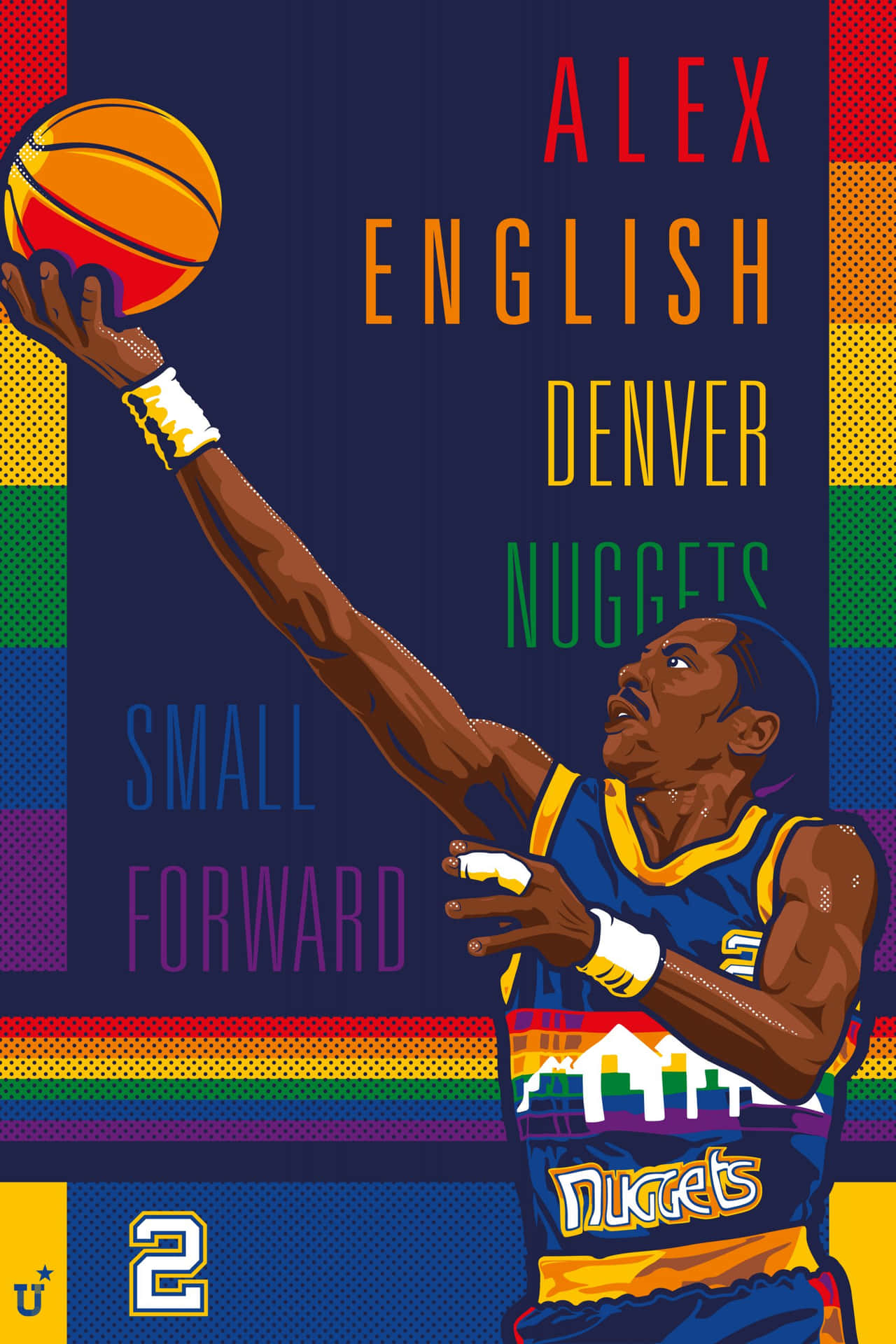 籃球運動員 Alex English 身穿丹佛金塊隊制服，投出帶有彩虹點綴的球。 — NBA 壁紙