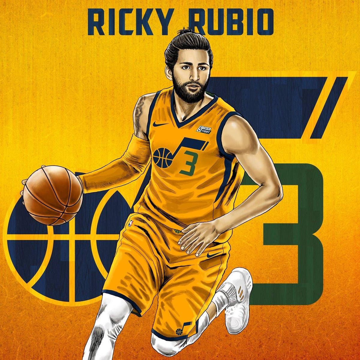 Ricky Rubio 桌布 壁紙 — 插圖中的籃球運動員Ricky Rubio身穿黃色球衣，在鮮明的黃藍背景下運球。