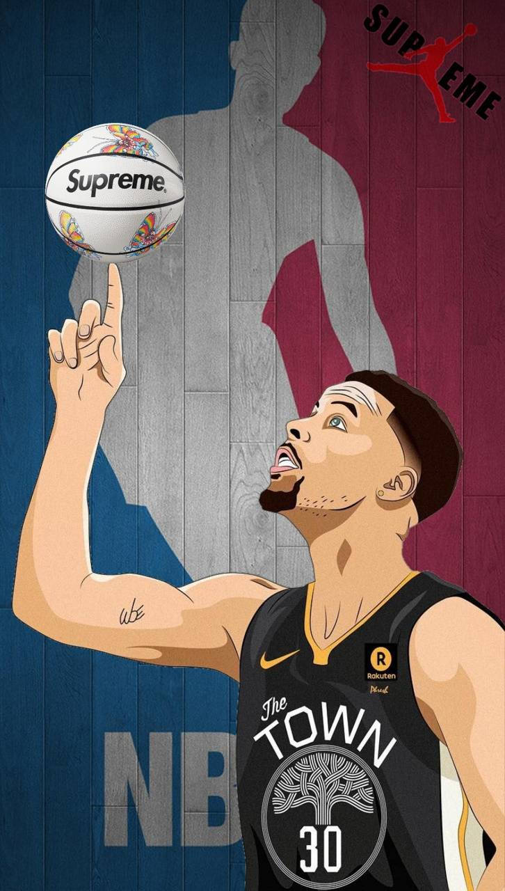 籃球運動員在插圖 NBA 球衣中用指尖平衡一個 Supreme 籃球。