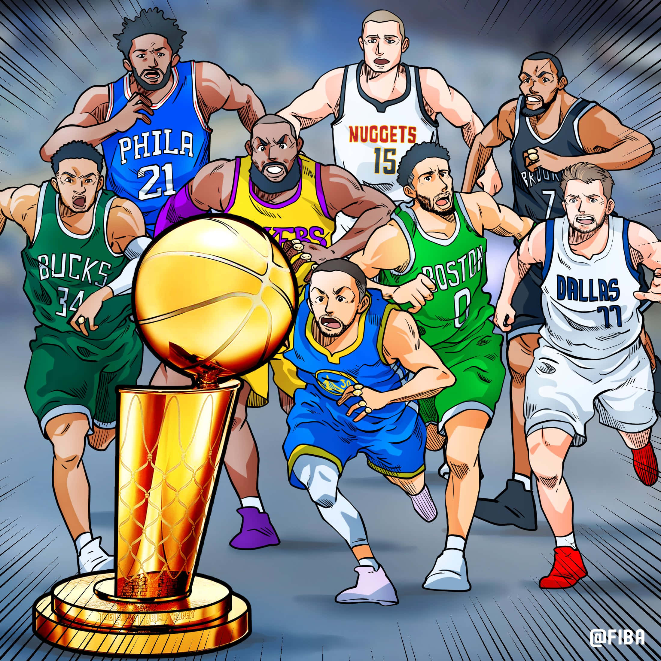 桌布 壁紙 — 插圖中的籃球運動員穿著球隊球衣，在動態運動線條中圍繞著金色的NBA獎盃湧動。