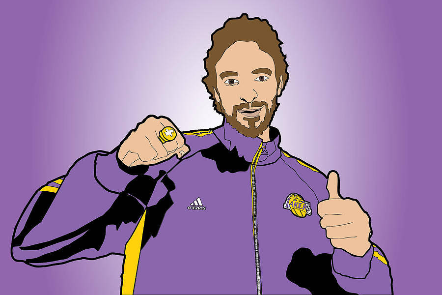Pau Gasol 桌布 壁紙 — 插圖中的籃球運動員穿著紫色湖人隊外套，自豪地展示冠軍戒指並豎起大拇指。