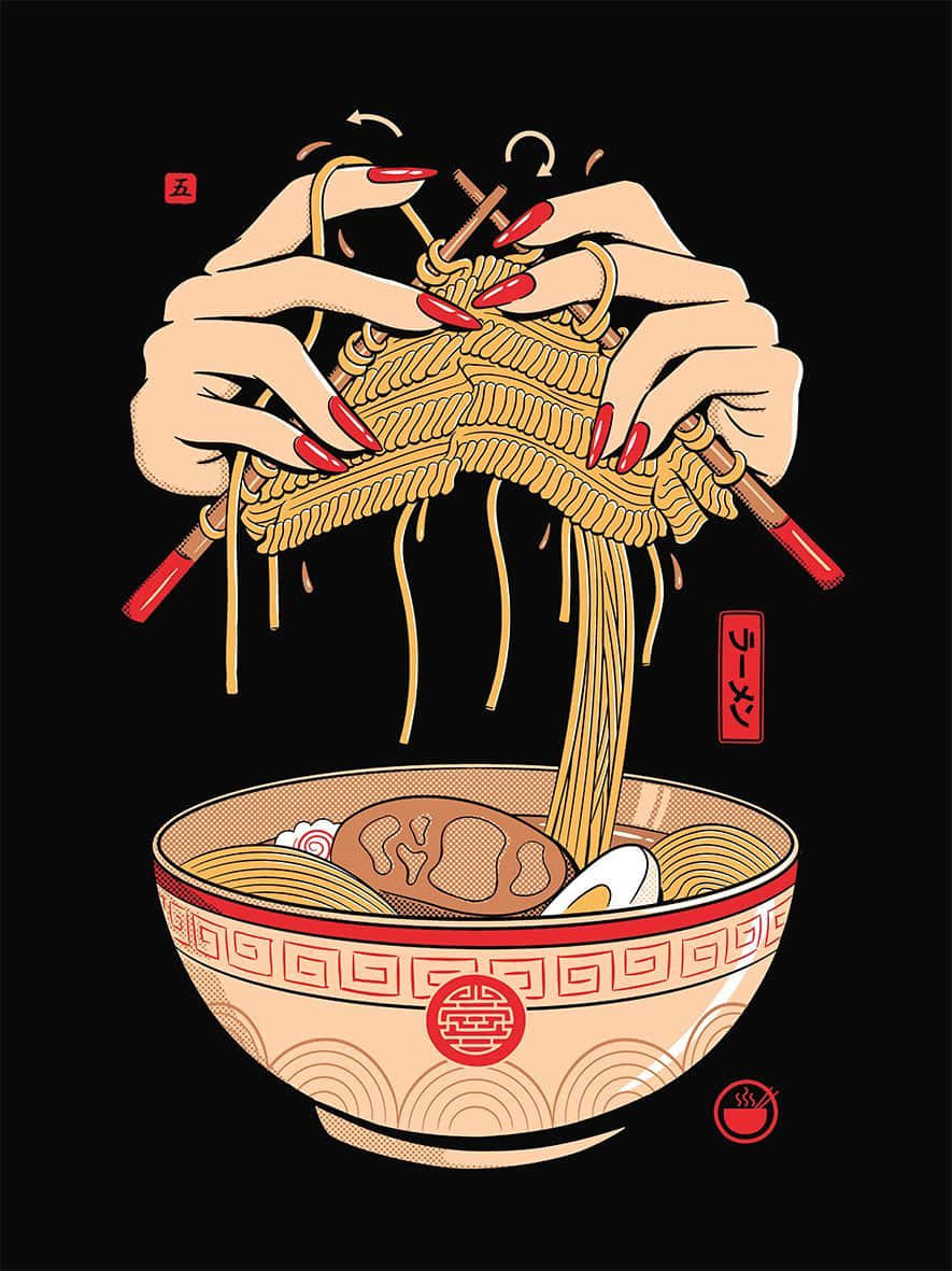 Noodles 桌布 壁紙 — 插圖中的紅指甲手用筷子從有圖案的碗中夾起冒煙的拉麵，背景為黑色。