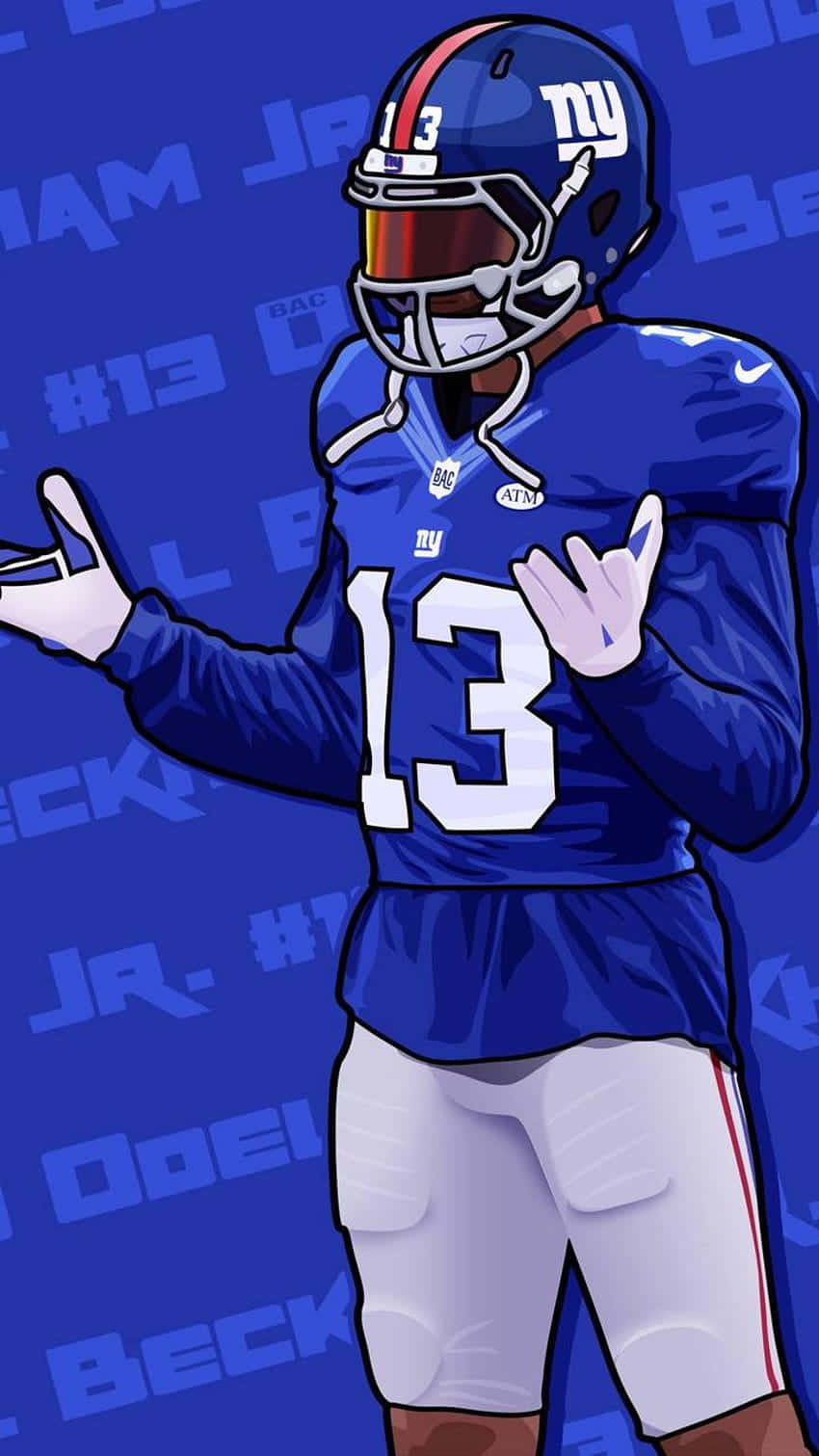 Obj 桌布 壁紙 — 插圖中的美式足球員身穿藍色紐約巨人隊13號球衣，在帶有重複文字的藍色背景前做手勢。