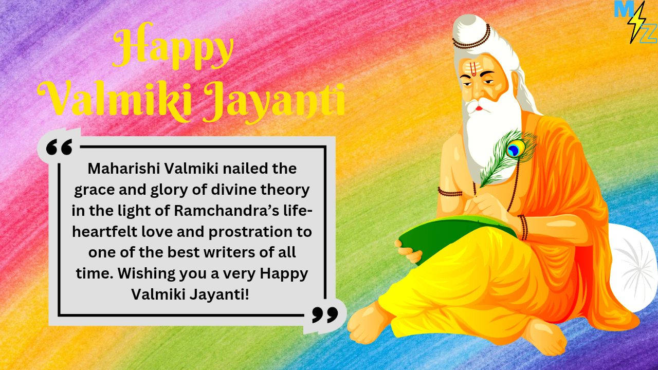 guru nanak dev ji 桌布 壁紙 — 插圖中的聖人瓦爾米基身穿橙色長袍，在充滿活力的彩虹漸變背景和節日文字下，在一片葉子上書寫。